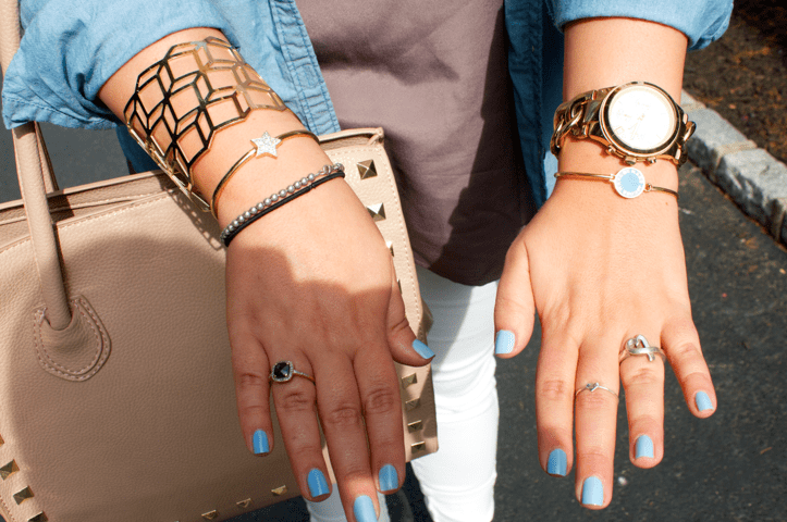 bling armparty jewels gold essie manicure bluenails michaelkors watch goldwatch marcjacobs fashion style blog blogger shop