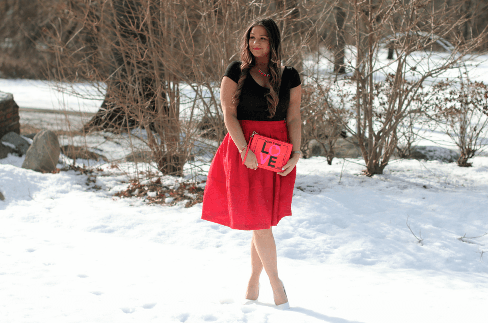 Valentine's Day Outfit Inspo - Red Midi Skirt - White Pointed Pumps - Black Crop Top