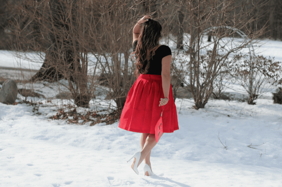 Valentine's Day Outfit Inspo - Red Midi Skirt - White Pointed Pumps - Black Crop Top