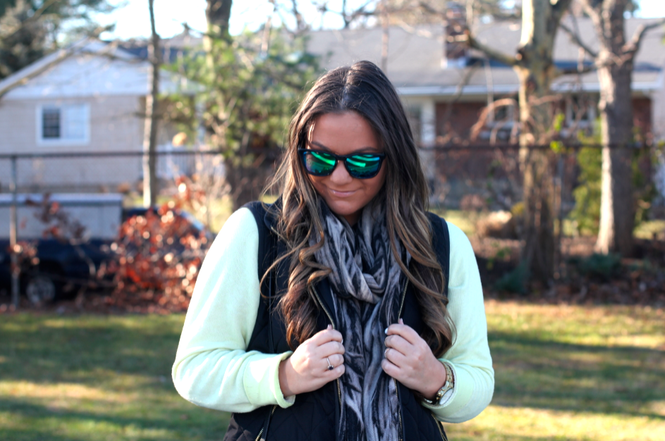 missyonmadison, melissa tierney, long island, long island blogger, long island photography, otsego park, black slip on sneakers, yellow sweatshirt, yellow sweater, green wayfarer sunglasses, black leggings, black quilted vest, outfit inspo, ootd, spring style, tgif, casual friday, spring outfit trends, poshmark, gold timex watch, gold watch, resale, online shopping, 