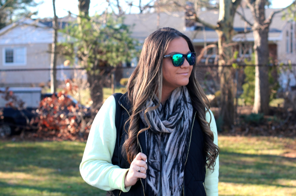 missyonmadison, melissa tierney, long island, long island blogger, long island photography, otsego park, black slip on sneakers, yellow sweatshirt, yellow sweater, green wayfarer sunglasses, black leggings, black quilted vest, outfit inspo, ootd, spring style, tgif, casual friday, spring outfit trends, poshmark, gold timex watch, gold watch, resale, online shopping, 