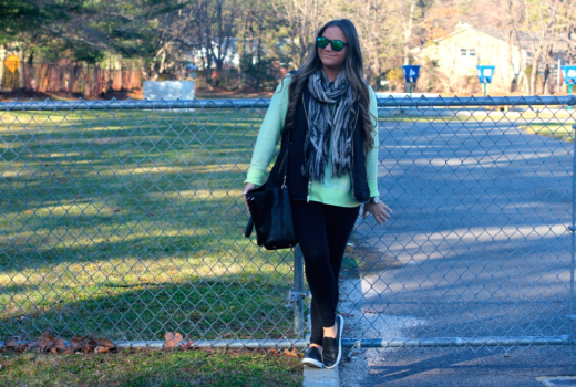 missyonmadison, melissa tierney, long island, long island blogger, long island photography, otsego park, black slip on sneakers, yellow sweatshirt, yellow sweater, green wayfarer sunglasses, black leggings, black quilted vest, outfit inspo, ootd, spring style, tgif, casual friday, spring outfit trends, poshmark, gold timex watch, gold watch, resale, online shopping,