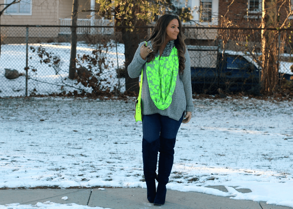 missyonmadison, melissa tierney, blog, blogger, fashion blog, fashion blogger, long island, snow, spring, spring style, spring trends, outfit inspo, ootd, spring outfit inspo, gray sweater, gray v neck sweater, neon cambridge satchel, poshmark, resale, sell online, contest, giveaway, enter to win, neon scarf, navy boots, navy suede boots, otk boots, skinny jeans, navy suede otk boots, cambridge satchel, long island blogger, photo shoot,