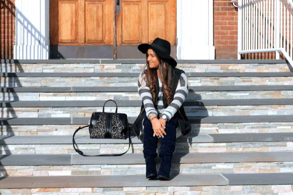 missyonmadison, melissa tierney, long island, long island blogger, long island blog, black floppy hat, coachella style, coachella trends, white skinny jeans, old navy, old navy white jeans, black quilted vest, black and white striped sweater, striped sweater, ootd, outfit inspo, spring style, spring trends, kelsi dagger, kelsi dagger leopard satchel, leopard satchel, navy suede over the knee boots, fashion blog, fashion blogger, how to wear white jeans, how to wear a floppy hat, what to wear for coachella,
