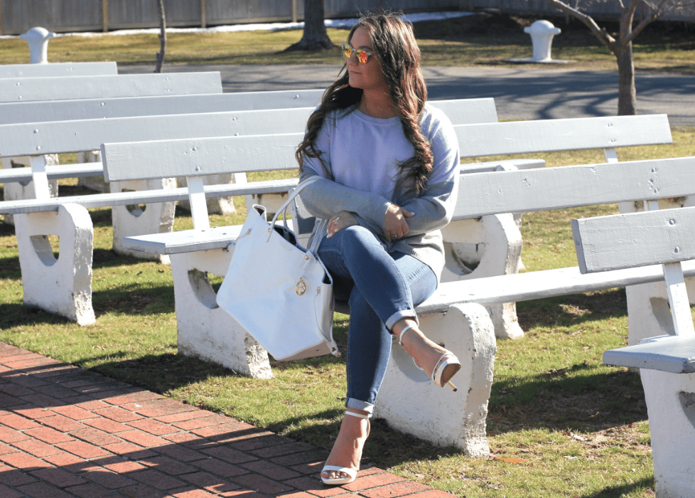 missyonmadison, blog, blogger, fashion blog, fashion blogger, long island, long island blogger, street style, style blog, style blogger, spring style, ootd, spring outfit ideas, white jeans, white skinny jeans, old navy, white tote, poshmark, resale, white henri bendel tote, gray sweater, gray and purple sweater, kohls, kohls sweater, white ankle strap sandals, white heels, white sandals, long island photography, outfit inspo,