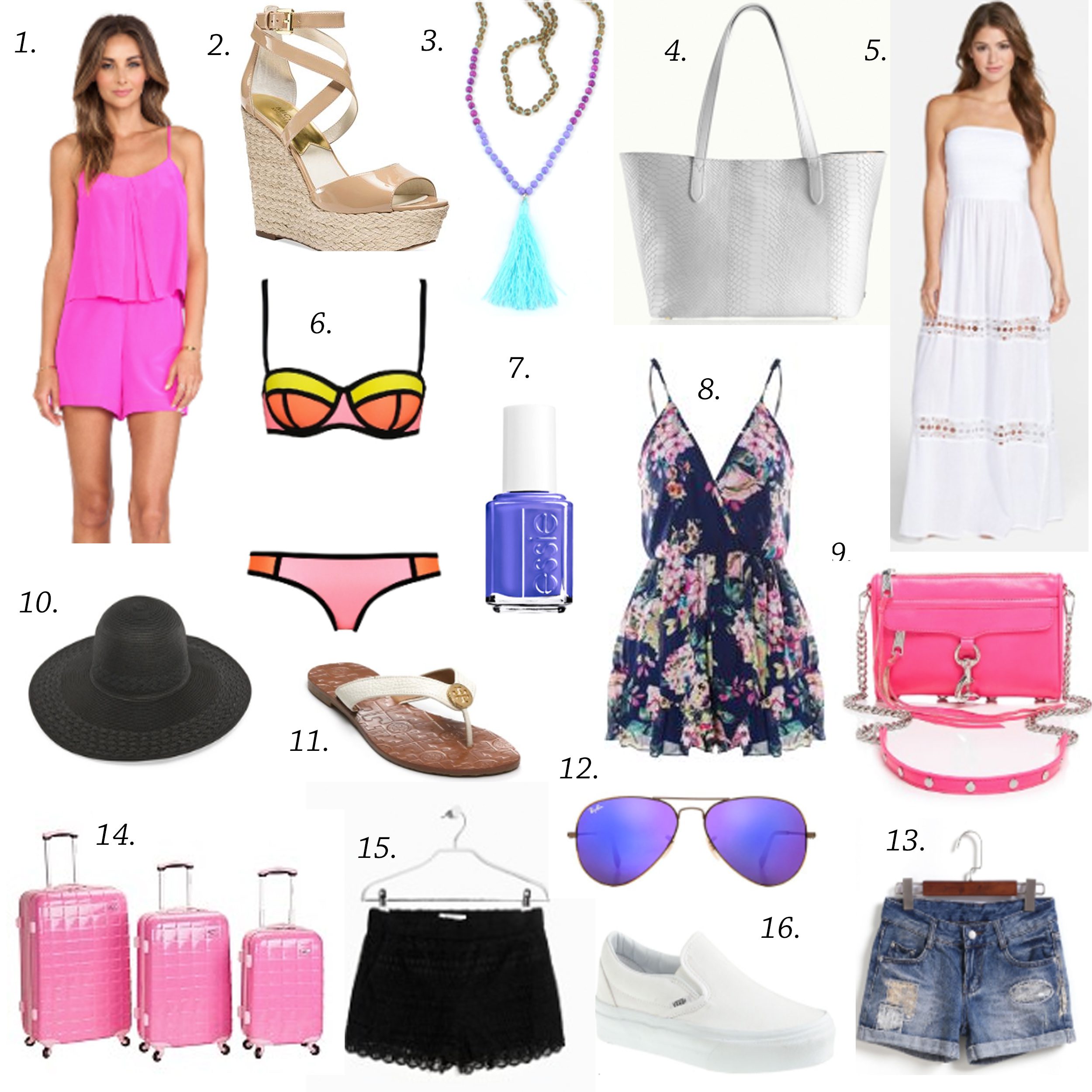 missyonmadison, shopping, shopping guide, online shopping, flip flops, tory burch, tory burch sandals, gigi ny, gigi ny tote, rebecca minkoff, rebecca minkoff mini mac bag, hot pink bag, hot pink mini mac bag, crochet shorts, denim shorts, white slip on sneakers, mirrored aviators, ray bans, white maxi dress, triangle swimwear, neon bikini, cover up, hot pink romper, romper, floral romper, choies romper, colorful comper, tan wedges, nude wedges, espadrille wedges, michael kors wedges, pink suitcase, black floppy hat, beach hat, what to wear to the beach, what to pack for vacation, los angeles, la, trip, travel guide, vacation guide,