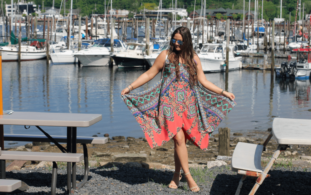 missyonmadison, melissa tierney, lord and taylor, design lab, design lab dress, tribal print, aztec dress, aztec print, handkerchief dress, trapeze dress, maxi dress, spring, spring outfit, spring style, ootd, long island, huntington harbor, marina, long island marina, rebecca minkoff, rebecca minkoff mini mab tote,t&j, x ring, gold rings, midi rings, nude ankle strap sandals, nude sandals, outfit inspo, outfit inspiration, what to wear this spring, spring trends,
