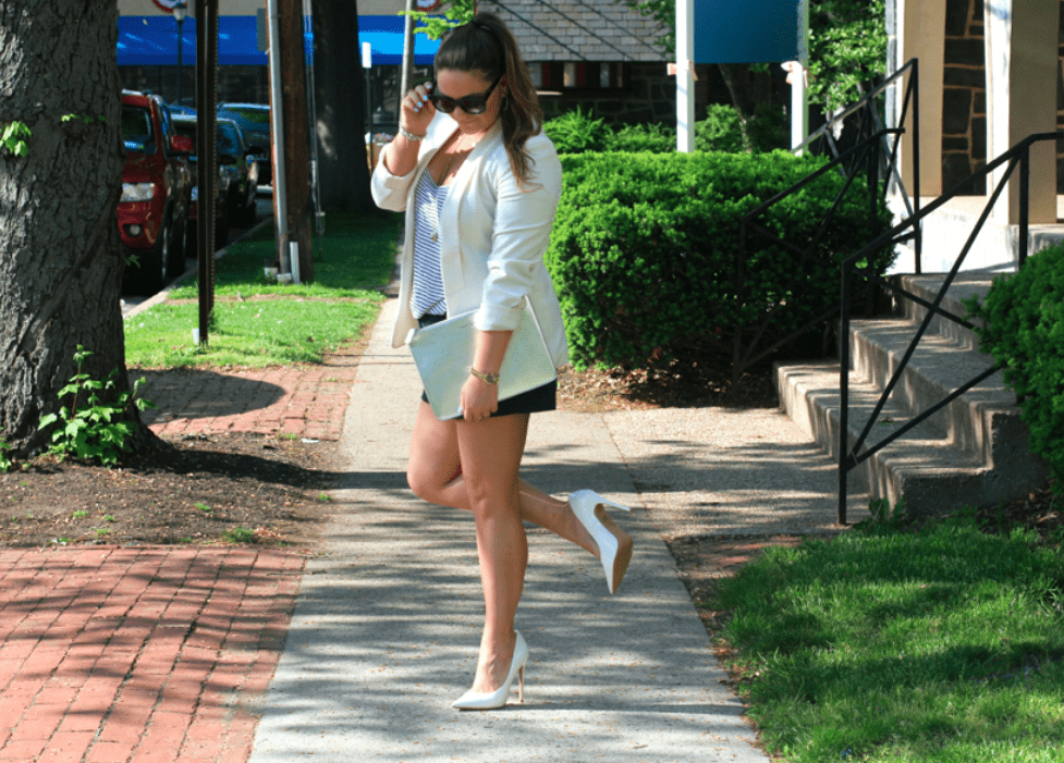 missyonmadison, melissa tierney, blog, blogger, fashion blog, fashion blogger, style, style blog, style blogger, street style, metallic clutch, silver clutch, white pointed toe pumps, white pumps, navy blue shorts, navy shorts, where to find white pumps, how to wear white pumps, white blazer, white boyfriend blazer, black sunglasses, j crew, j crew sunglasses, outfit inspo, inspiration, ootd, how to wear a white blazer, 