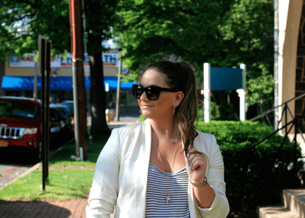 missyonmadison, melissa tierney, blog, blogger, fashion blog, fashion blogger, style, style blog, style blogger, street style, metallic clutch, silver clutch, white pointed toe pumps, white pumps, navy blue shorts, navy shorts, where to find white pumps, how to wear white pumps, white blazer, white boyfriend blazer, black sunglasses, j crew, j crew sunglasses, outfit inspo, inspiration, ootd, how to wear a white blazer,