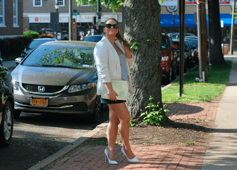 missyonmadison, melissa tierney, blog, blogger, fashion blog, fashion blogger, style, style blog, style blogger, street style, metallic clutch, silver clutch, white pointed toe pumps, white pumps, navy blue shorts, navy shorts, where to find white pumps, how to wear white pumps, white blazer, white boyfriend blazer, black sunglasses, j crew, j crew sunglasses, outfit inspo, inspiration, ootd, how to wear a white blazer,