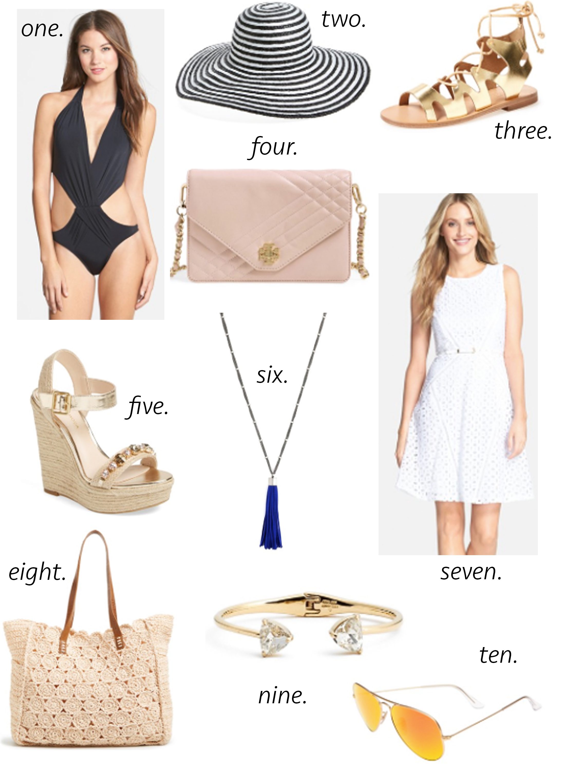 missyonmadison, packing guide, melissa tierney, san diego, del mar, race track, horse races, off to the races, what to wear to a horse race, what to wear in sandiego, california, la, travel, travel guide, white eyelet dress, tassel necklace, espadrille wedges, ray ban aviators, gladiator sandals, black bathing suit, sexy one piece, kate spade bangle, beach tote, floppy hat, striped floppy hat, straw tote, summer style, tory burch, tory burch cross body bag,