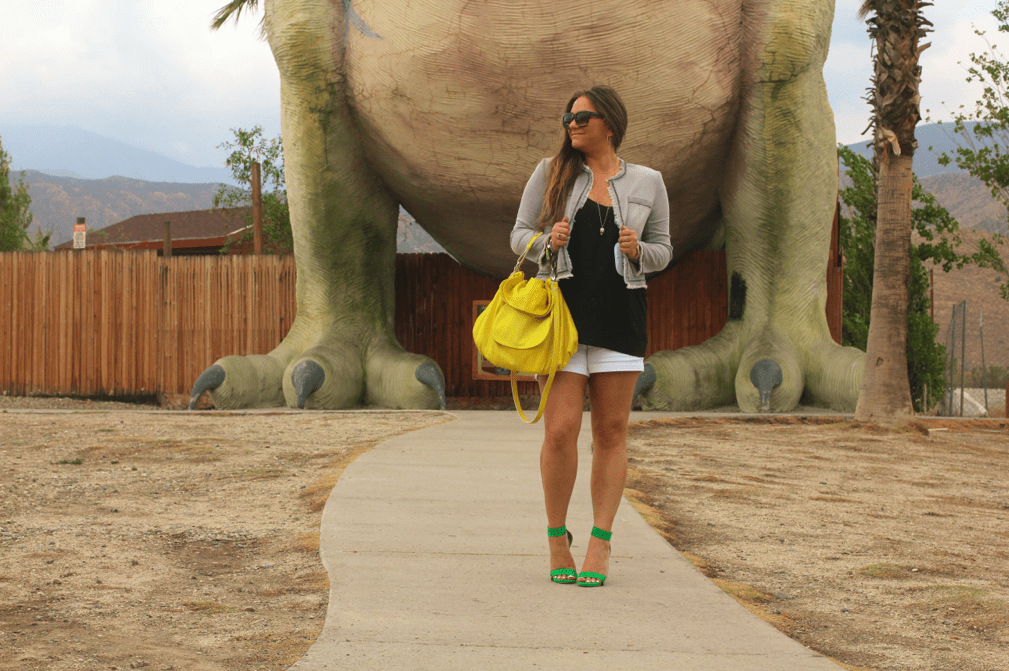 missyonmadison, melissa tierney, palm springs, dinosaurs, cabazon dinosaurs, cabazon, hayden harnett, yellow bag, havana hobo, max jeans, max jeans cropped jacket, cropped denim jacket, green justfab heels, justfab, green ankle strap heels, green ankle strap sandals, black sunglasses, white shorts, black chiffon camisole, outfit inspiration, la blogger, blogger, fashion blogger, street style, how to wear color, how to wear summer trends, summer style,