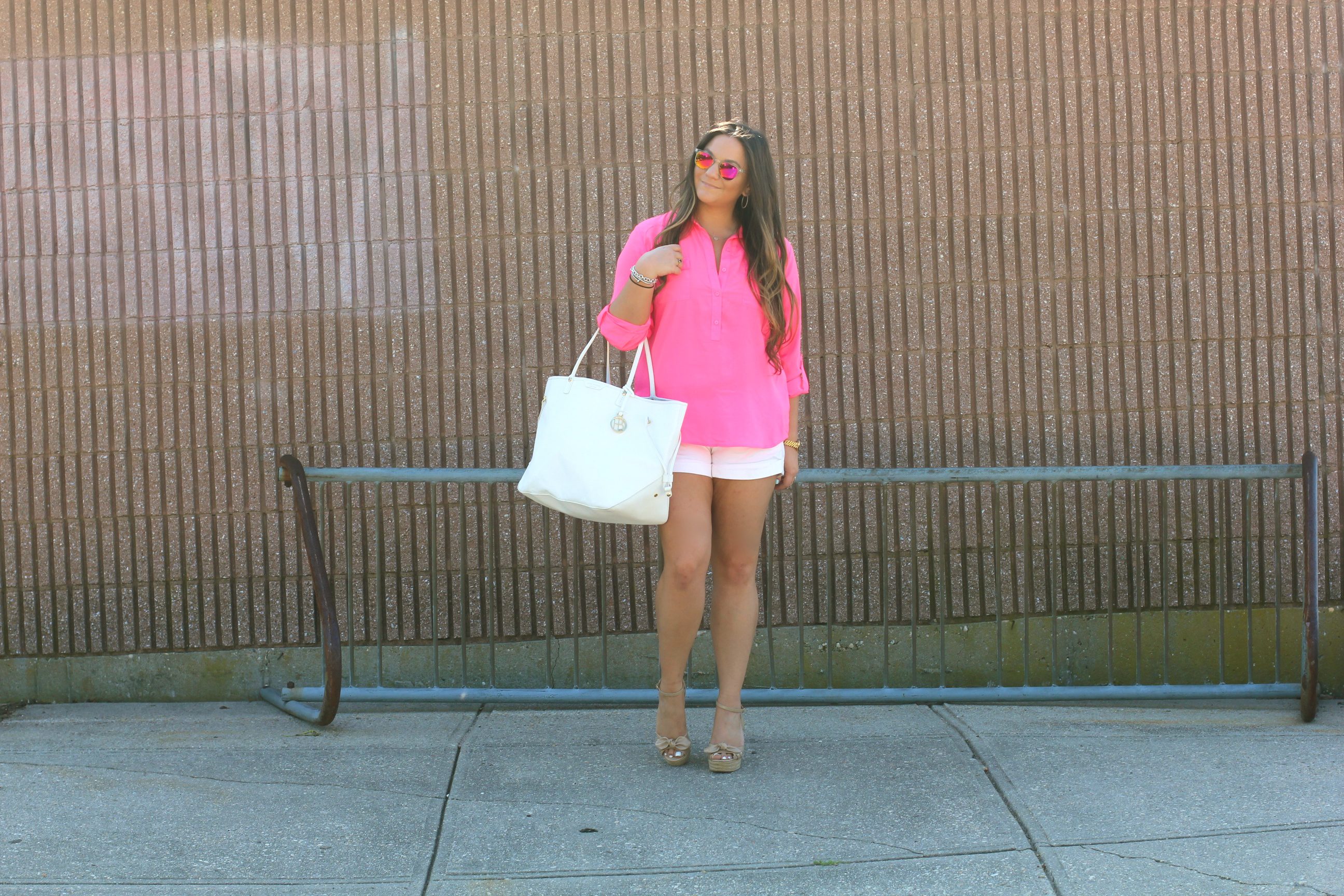 espadrille wedges, missyonmadison, melissa tierney, nude espadrille wedges, long island, long island beaches, hot pink button down blouse, pink blouse, poshmakr, white henri bendel tote, white leather tote, clear mirrored sunglasses, mirrored sunglasses, white cotton shorts, fashion blogger, summer style, outfit inspiration, how to wear neon,