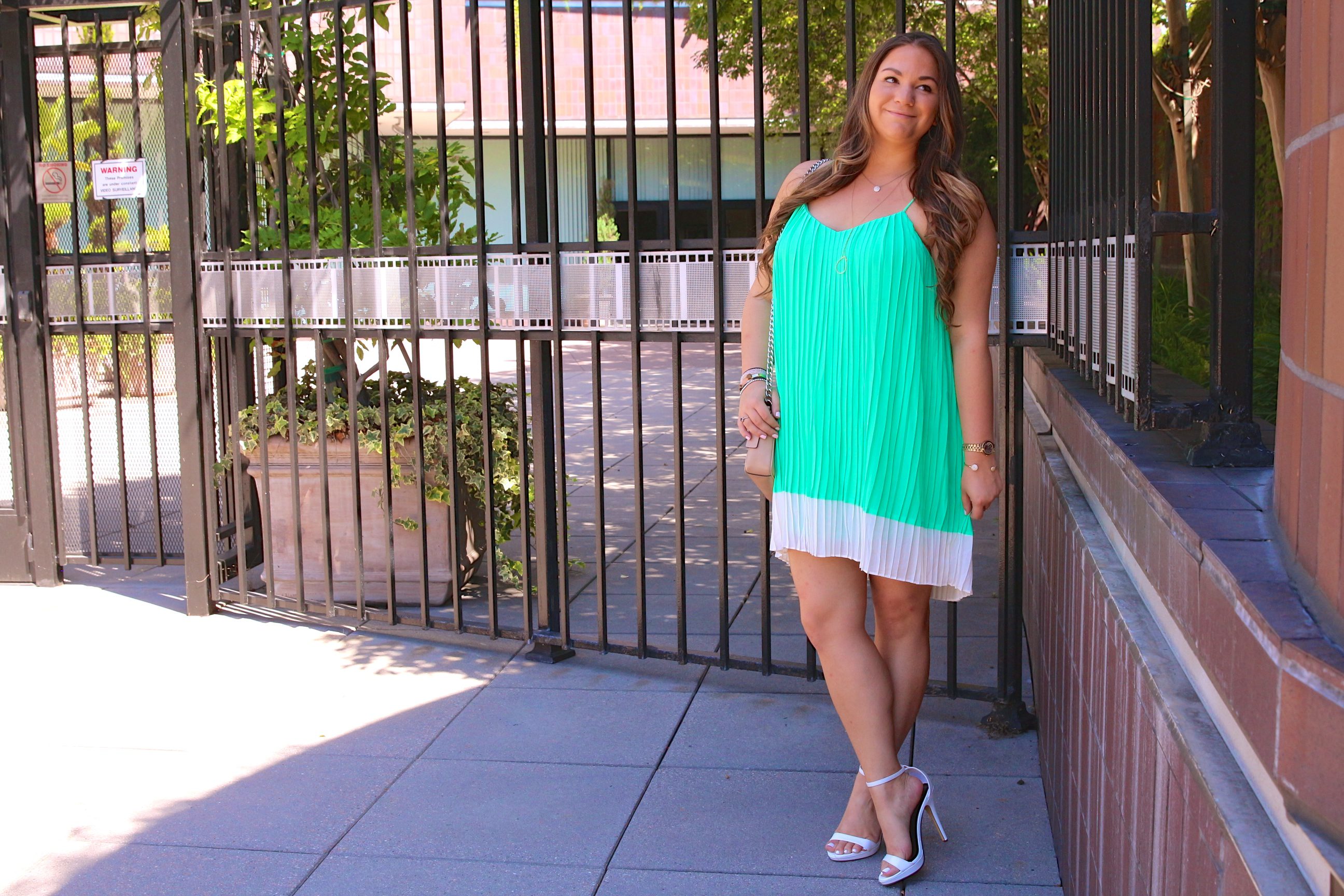 missyonmadison, melissa tierney, la blogger, la photography, la, fashion blogger, outfit inspo, outfit inspiration, mint green dress, shop the mint, mint julep, white ankle strap heels, white ankle strap sandals, michael antonio white heels, dsw, dsw shoe lovers, coach crossbody, beige coach crossbody, beige crossbody bag, brunette hair, curled hair, brunette hairstyle, circle necklace, circle pendant necklace, x ring, how to wear color, how to wear green, summer dresses,