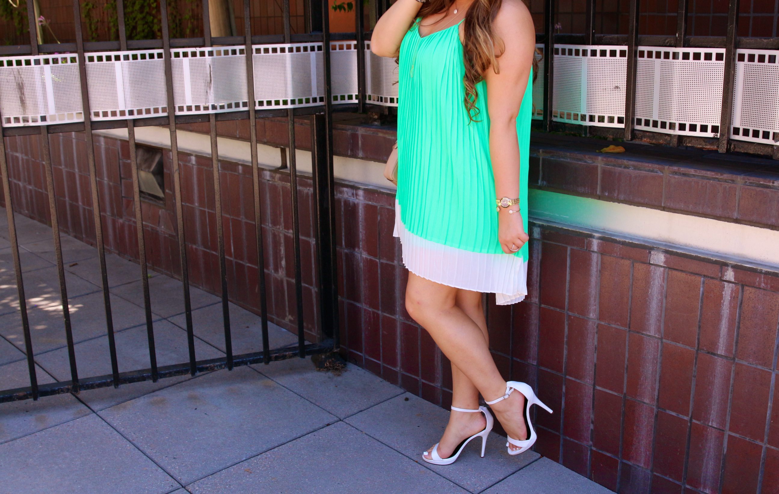 missyonmadison, melissa tierney, la blogger, la photography, la, fashion blogger, outfit inspo, outfit inspiration, mint green dress, shop the mint, mint julep, white ankle strap heels, white ankle strap sandals, michael antonio white heels, dsw, dsw shoe lovers, coach crossbody, beige coach crossbody, beige crossbody bag, brunette hair, curled hair, brunette hairstyle, circle necklace, circle pendant necklace, x ring, how to wear color, how to wear green, summer dresses,