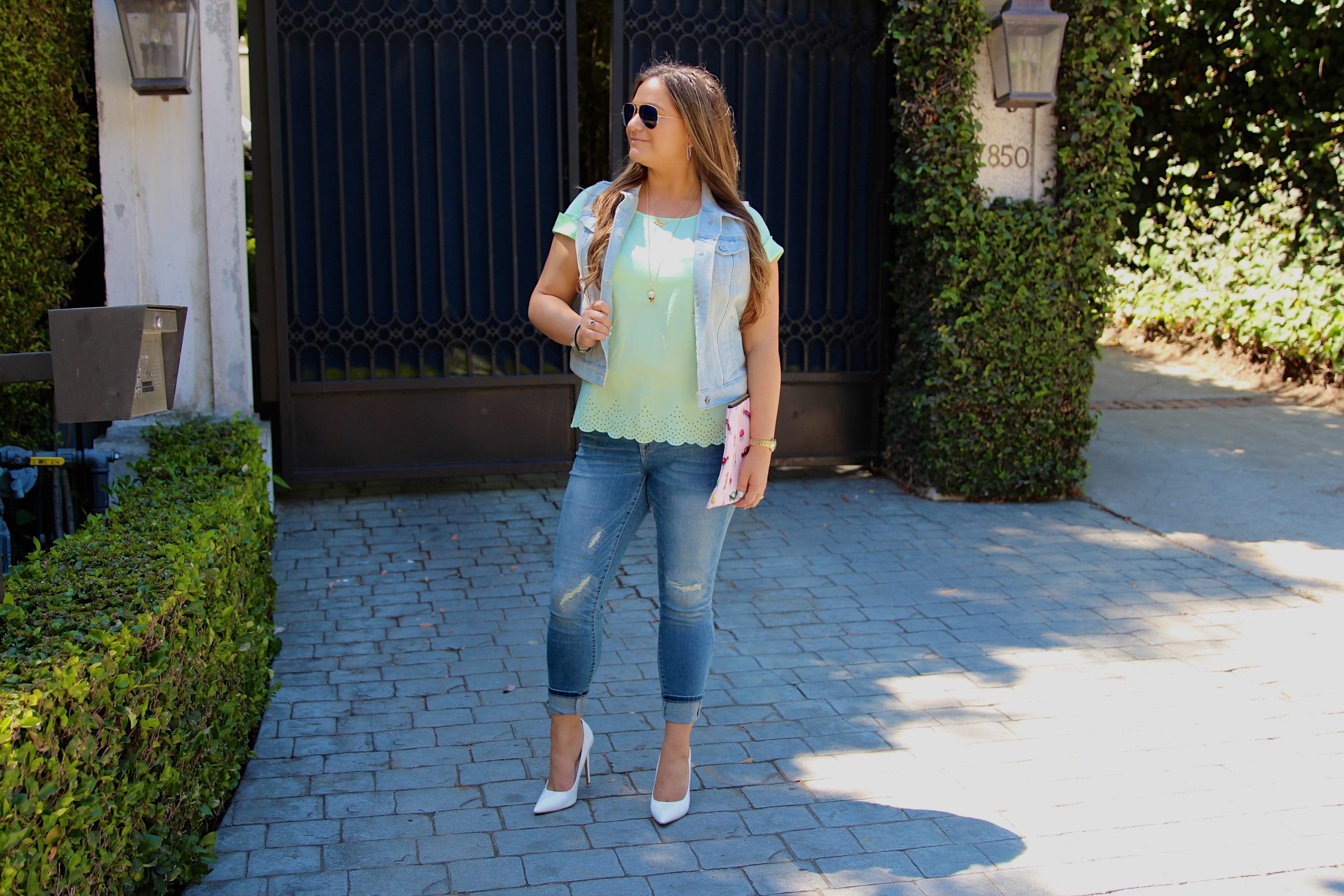 missyonmadison, melissa tierney, redbubble, candy clutch, redbubble clutch, mint scallop top, scallop blouse, mint green blouse, target style, target jeans, distresses skinny jeans, skinny jeans, blue ray bans, mirrored aviators, denim vest, old navy denim vest, white pointed pumps, white pumps, pointed toe pumps, fall style, fall trends, outfit inspo, how to wear white pumps, outfit inspiration,