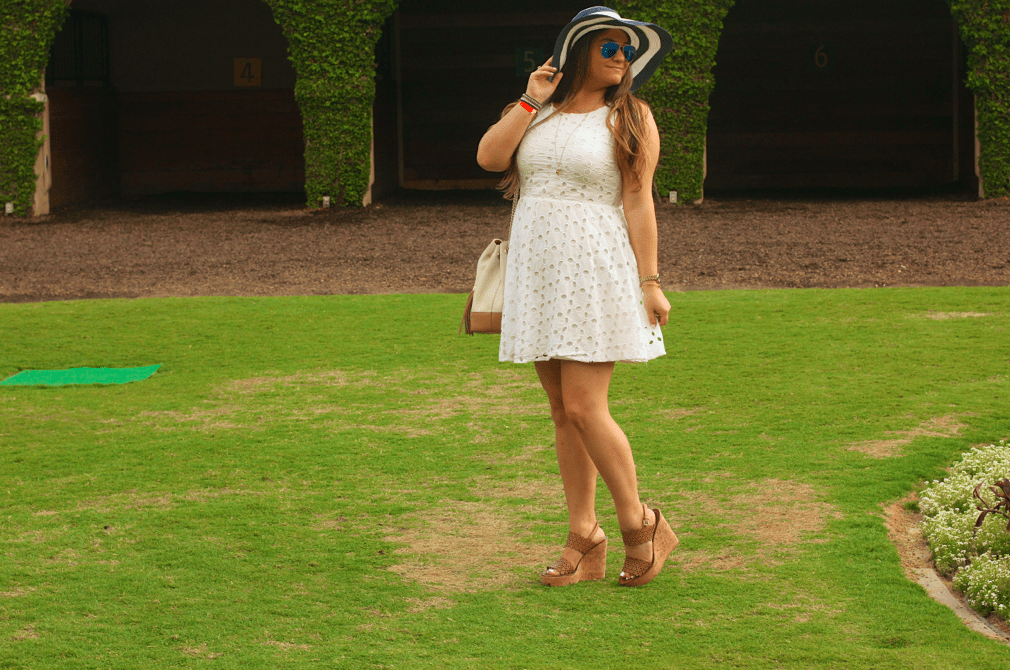 missyonmadison, melissa tierney, race day style, races, horse races, belmar track, belmar racing, san diego, vacation, girls trip, weekend getaway, travel blog, travel blogger, hallmark, signature style, hallmark cards, white eyelet dress, navy and white floppy hat, floppy hat, summer style, summer outfit inspo, ootd, how to wear a floppy hat, tory burch, tory burch perforated wedges, tory burch wedges, gucci, gucci soho bag, white gucci soho bag, ray bans, blue aviators, x ring, ny la bracelet, anne klein watch, gold watch,