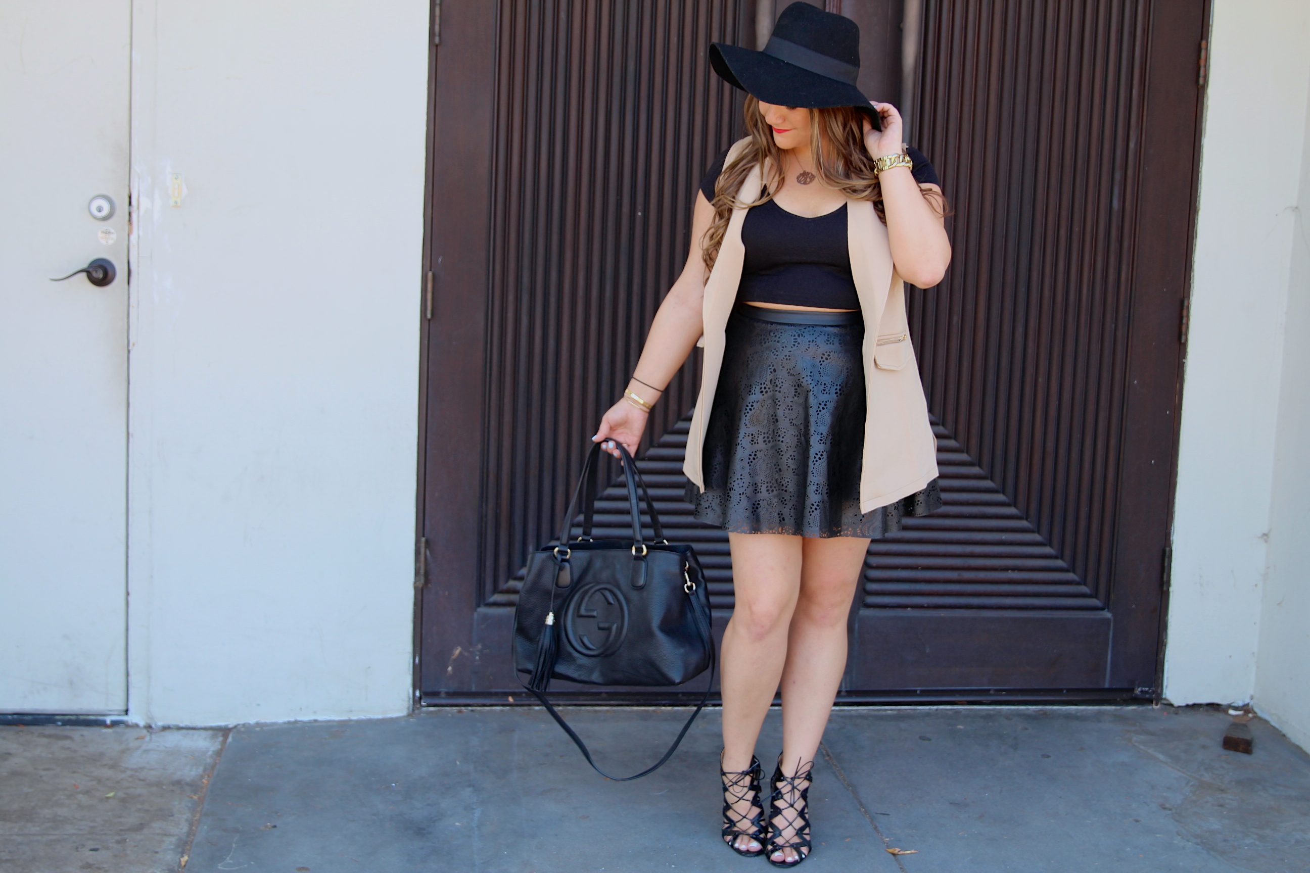missyonmadison, melissa tierney, go jane, sleeveless vest, black lace up heels, lace up heels, black skirt, black perforated skirt, black crop top, black floppy hat, fall style, fall fashion, ootd, outfit inspo, black gucci bag, gucci soho bag, black gucci soho tote,