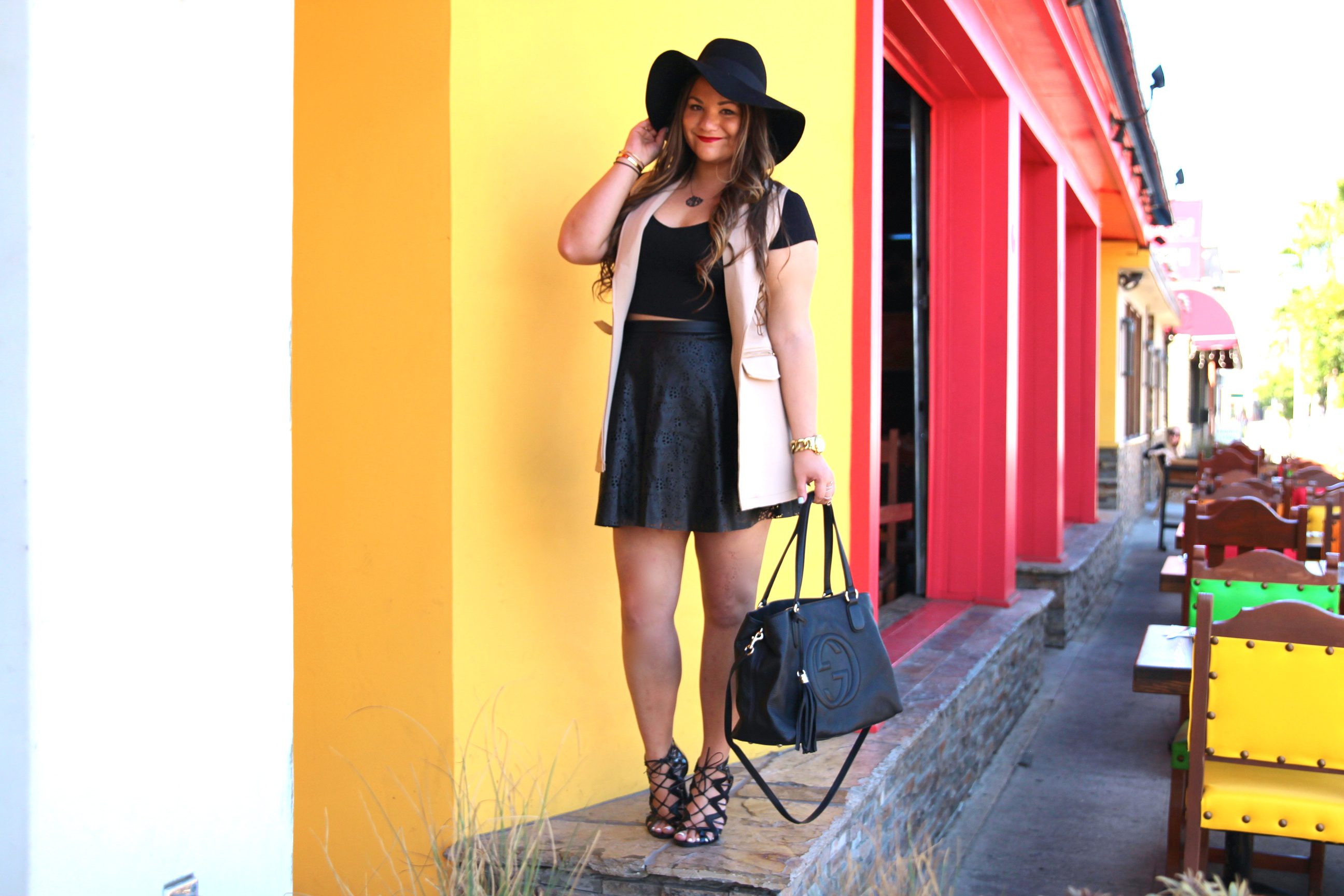 missyonmadison, melissa tierney, go jane, sleeveless vest, black lace up heels, lace up heels, black skirt, black perforated skirt, black crop top, black floppy hat, fall style, fall fashion, ootd, outfit inspo, black gucci bag, gucci soho bag, black gucci soho tote,