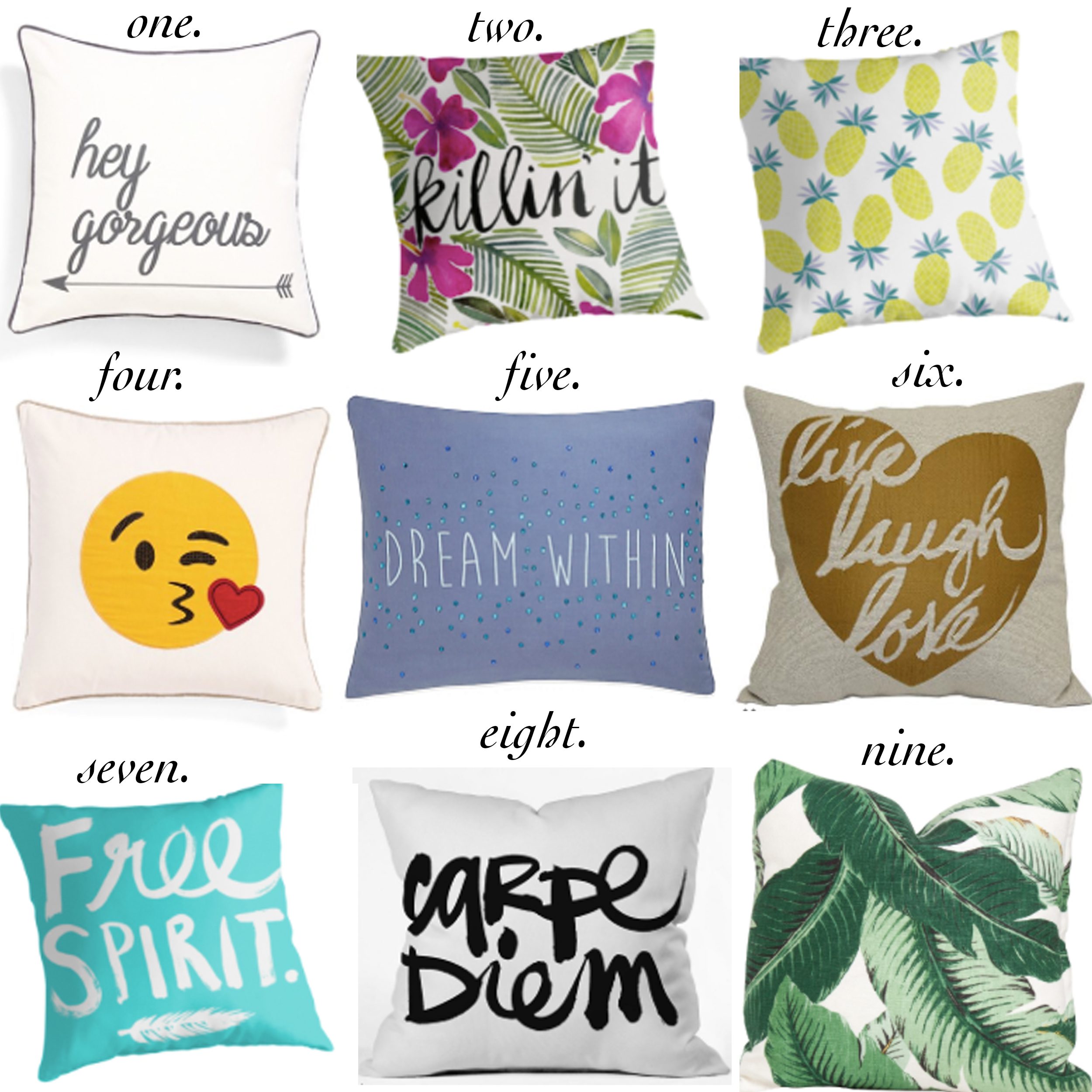 missyonmadison, melissa tierney, throw pillows, interior design, interior inspo, decorative pillows, under the canopy, redbubble, quote pillows, quote decor, shopping guide, gift guide, free spirit, carpe diem, palm print pillow, emoji pillow, emojis,