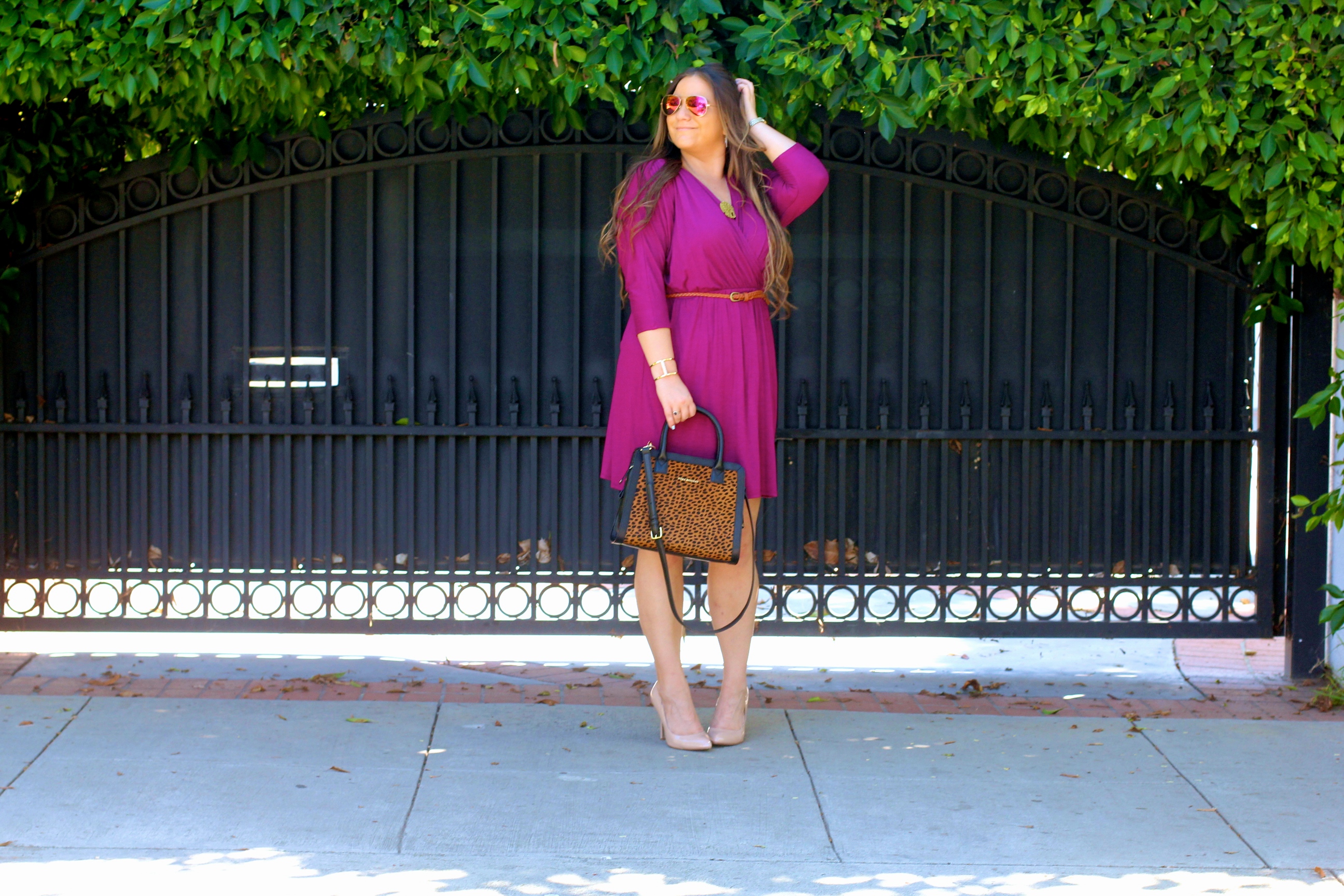 missyonmadison, melissa tierney, fashion blog, fashion blogger, style blog, style blogger, shoot the moon la, violet wrap dress, plum wrap dress, vera bradley, vera bradley leopard satchel, leopard satchel, nude pumps, nude pointed toe pumps, dsw, mirrored aviators, red aviators, baublebar monogram necklace, wrap dress, long sleeve wrap dress, holiday style, what to wear for the holidays, how to dress for work, la blogger, violet wrap dress,