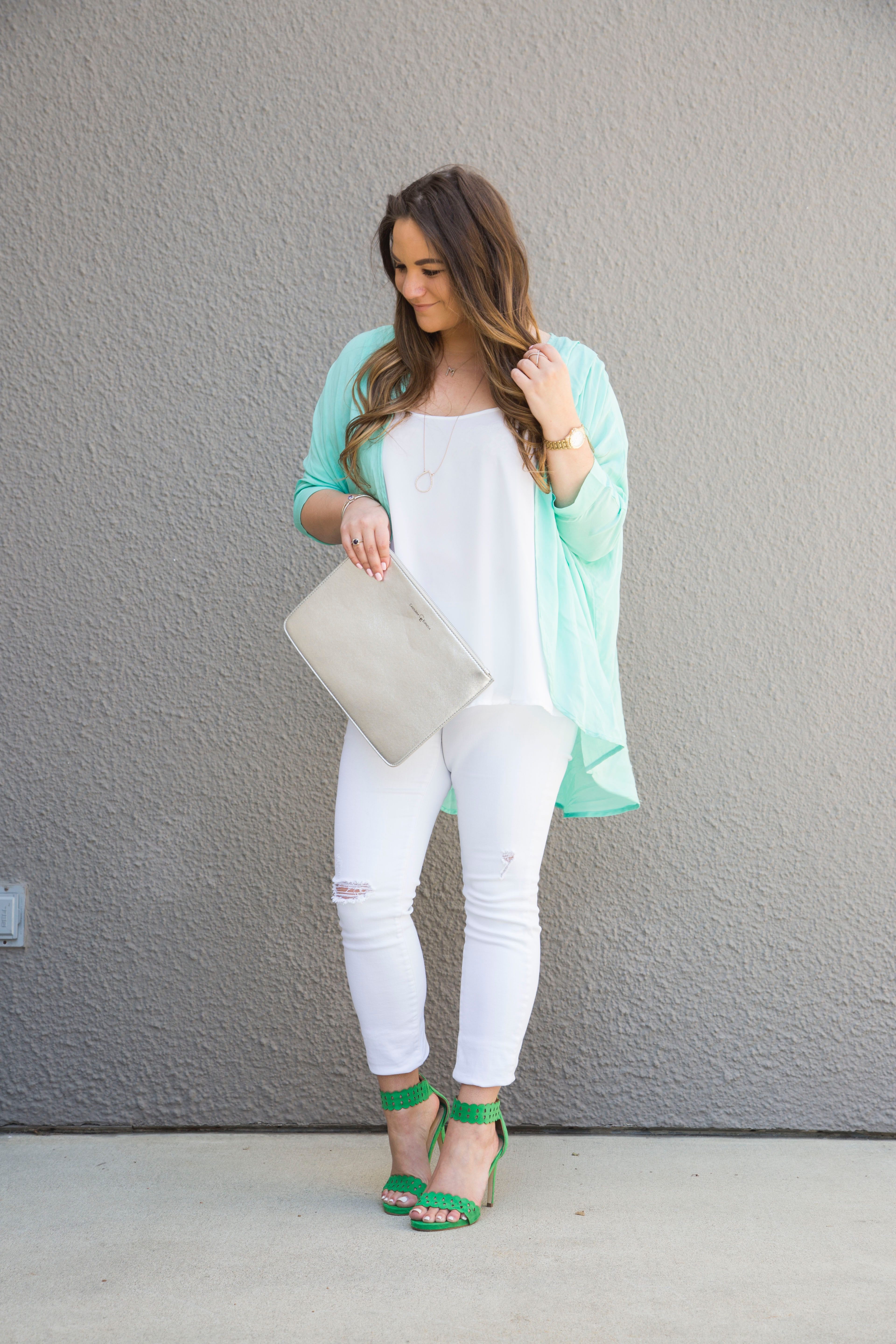 missyonmadison, melissa tierney, st pattys day, st patricks day, st patricks day outfit inspo, outfit inspo, fashion blog, fashion blogger, style blogger, style blog, green heels, green ankle strap sandals, metallic clutch, silver clutch, all for color, turqoise kimono, green kimono, white skinny jeans, old navy rockstar jeans, white chiffon camisole, apt 9 georgette camisole, kohls, old navy, green shoes, green sandals, hair goals, la blogger,