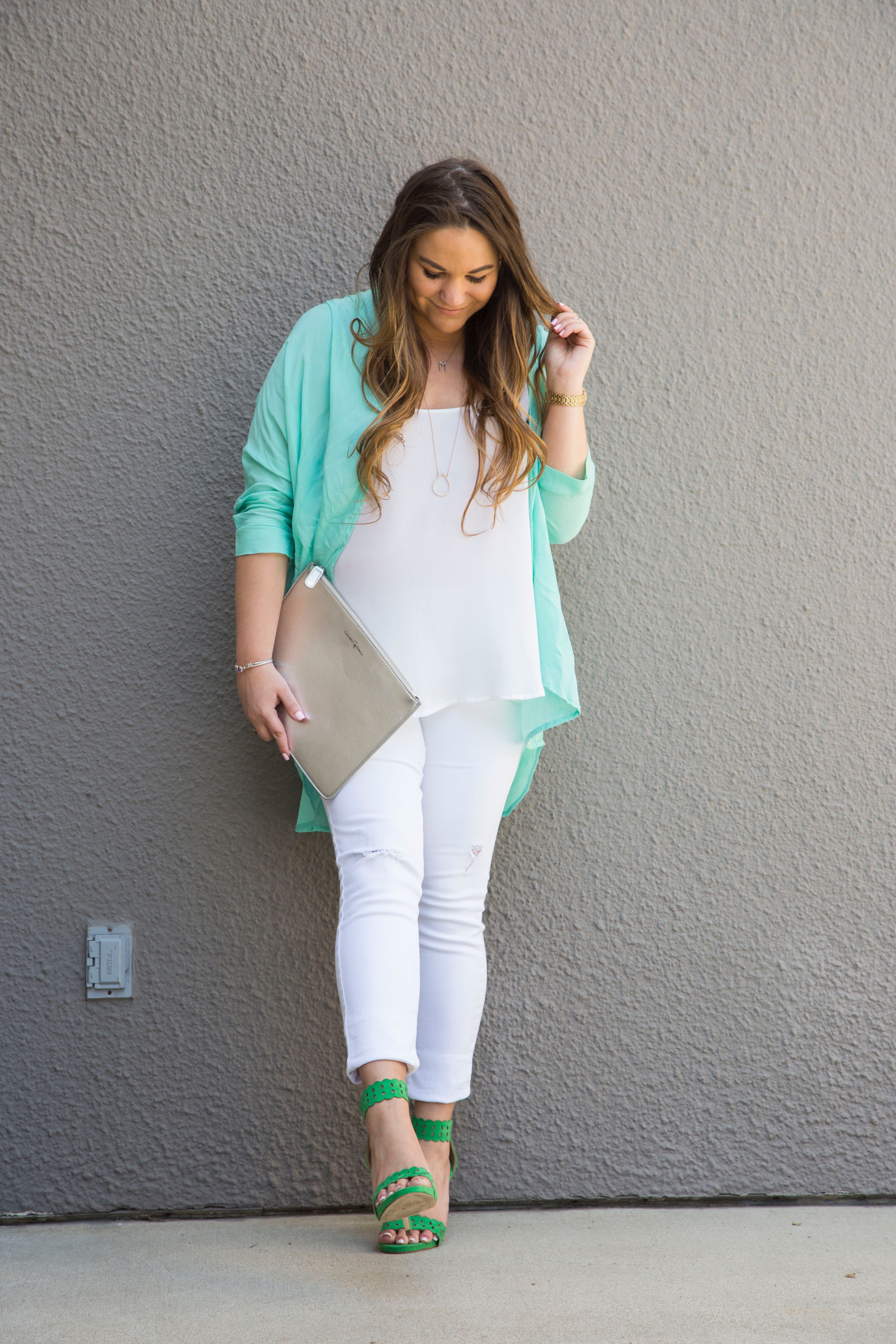 missyonmadison, melissa tierney, st pattys day, st patricks day, st patricks day outfit inspo, outfit inspo, fashion blog, fashion blogger, style blogger, style blog, green heels, green ankle strap sandals, metallic clutch, silver clutch, all for color, turqoise kimono, green kimono, white skinny jeans, old navy rockstar jeans, white chiffon camisole, apt 9 georgette camisole, kohls, old navy, green shoes, green sandals, hair goals, la blogger,