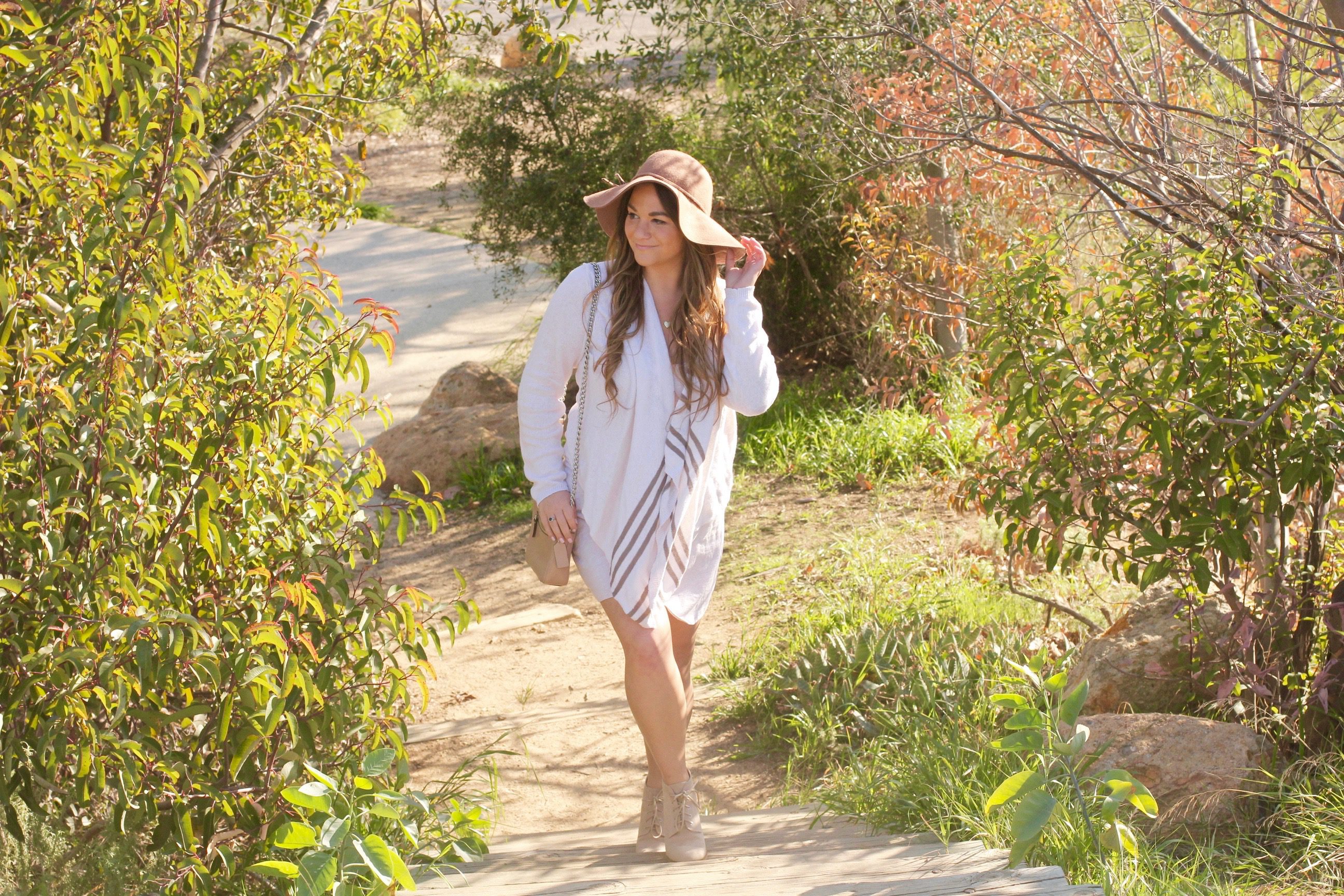 missyonmadison, melissa tierney, spring style, spring fashion, spring trends, fashion blogger, la blogger, hollywood hills, tan floppy hat, target style, target floppy hat, old navy cardigan, beige open front cardigan, beige suede lace up ankle boots, beige suede booties, beige leather crossbody bag, coach crossbody bag, beige chain crossbody bag, threads for thought dress, threads for thought penny dress, beige cardigan,