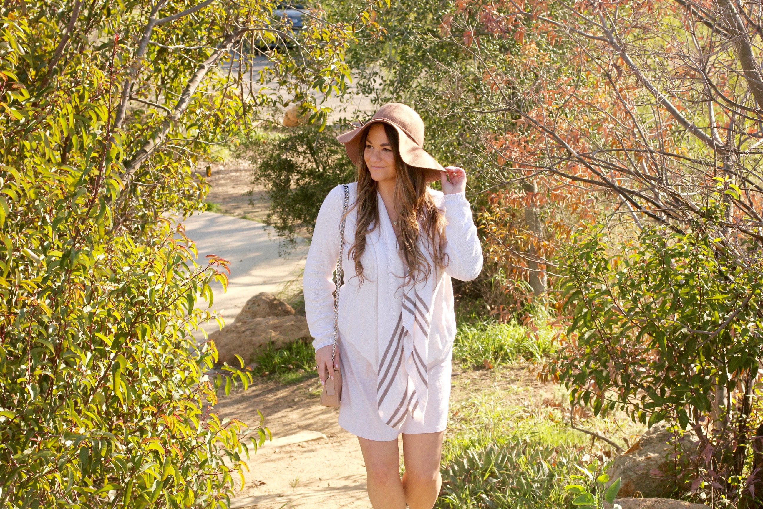 missyonmadison, melissa tierney, spring style, spring fashion, spring trends, fashion blogger, la blogger, hollywood hills, tan floppy hat, target style, target floppy hat, old navy cardigan, beige open front cardigan, beige suede lace up ankle boots, beige suede booties, beige leather crossbody bag, coach crossbody bag, beige chain crossbody bag, threads for thought dress, threads for thought penny dress, beige cardigan,