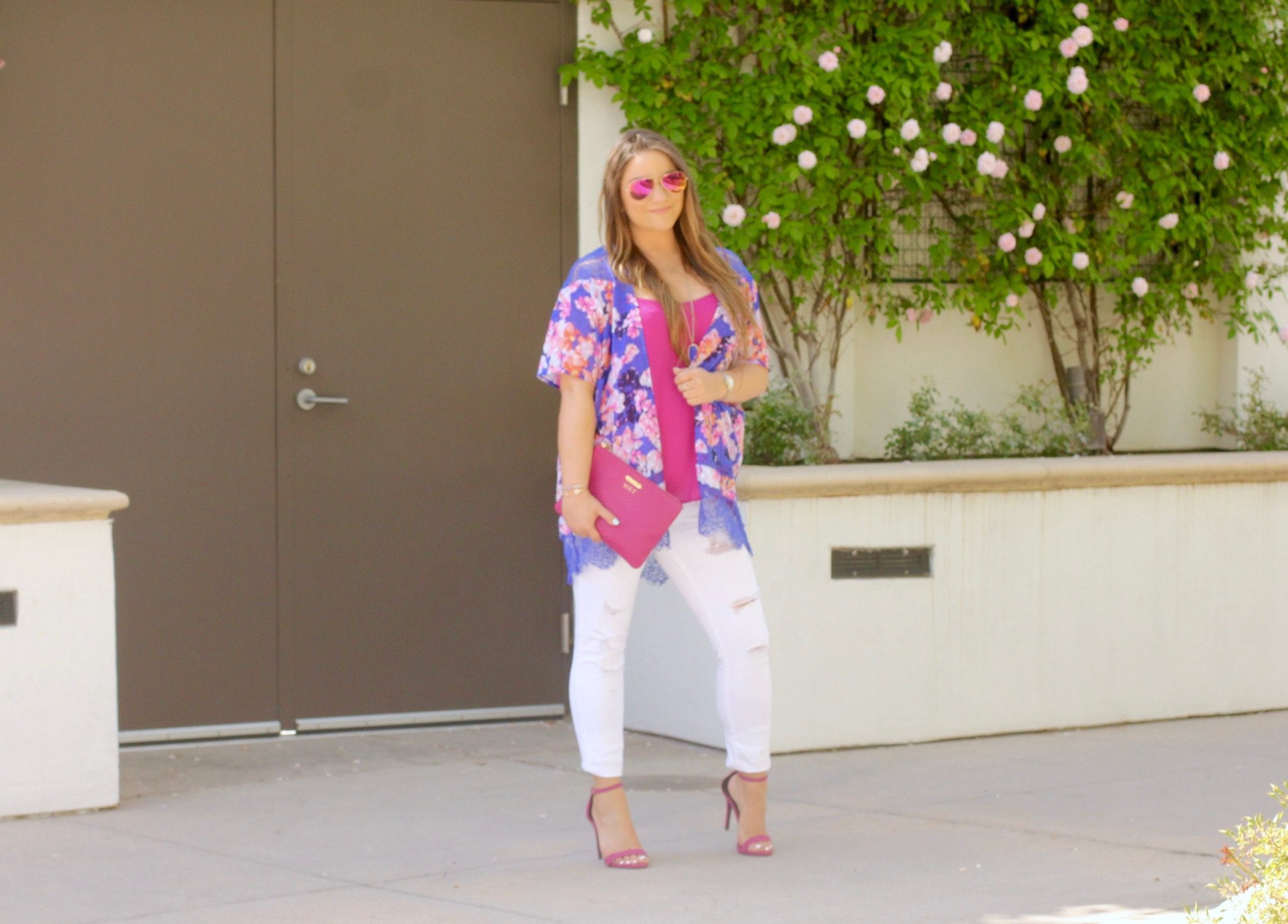 missyonmadison, melissa tierney, floral kimono, fuschia ankle strap heels, fuschia ankle strap sandals, fuschia heels, old navy, white skinny jeans, old navy white rockstar jeans, gigi ny clutch, gigi ny, gigi ny magenta clutch, kendra scott, kendra scott rayne necklace, mirrored aviators, pink mirrored aviators, pink chiffon camisole, apt 9 camisole, fashion blogger, style blogger, spring style,