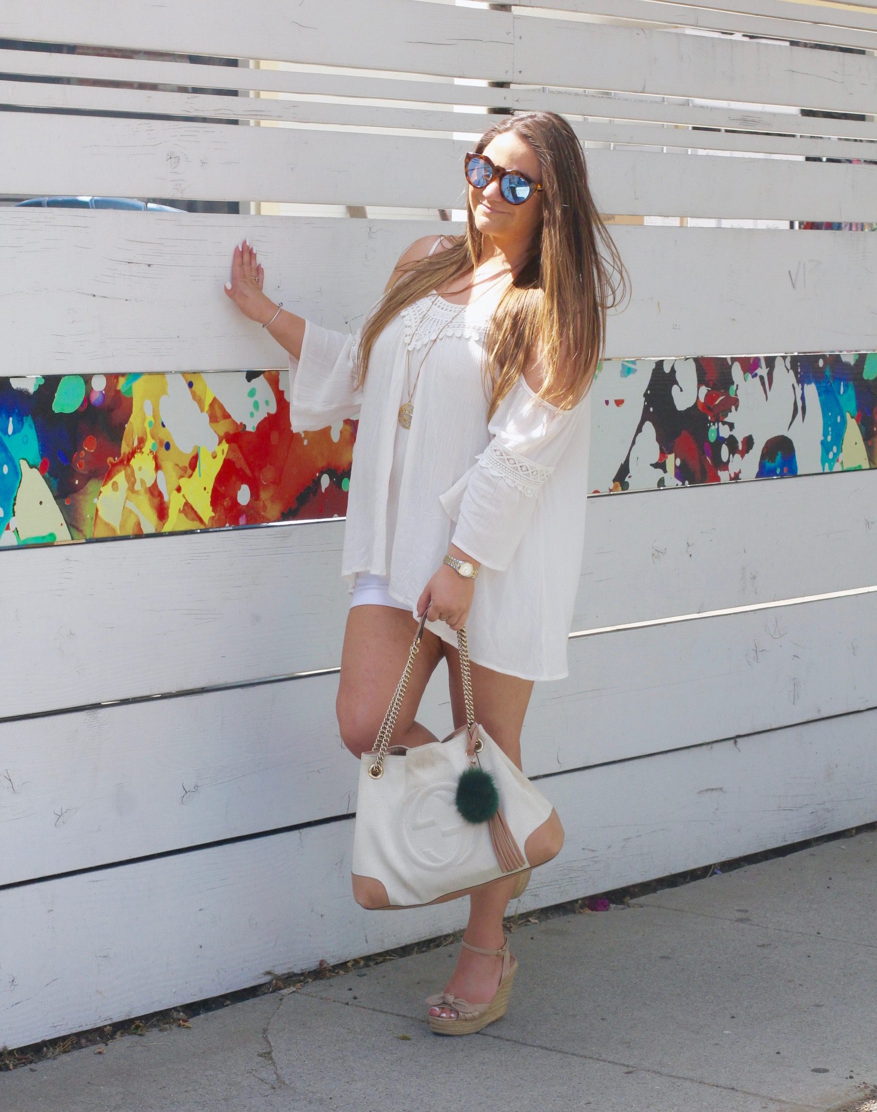 missyonmadison, melissa tierney, fashion blogger, fashion blog, style blog, style blogger, la blogger, cold shoulder top, off the shoulder top, target, target style, summer style, summer 2015 trends, summer trends, summer 2016 style, espadrille wedges, nude espadrille wedges, gucci soho bag, green puff keychain, pom pom keychain, white gucci soho bag, le specs necklace, le specs sunglasses, white cotton shorts,