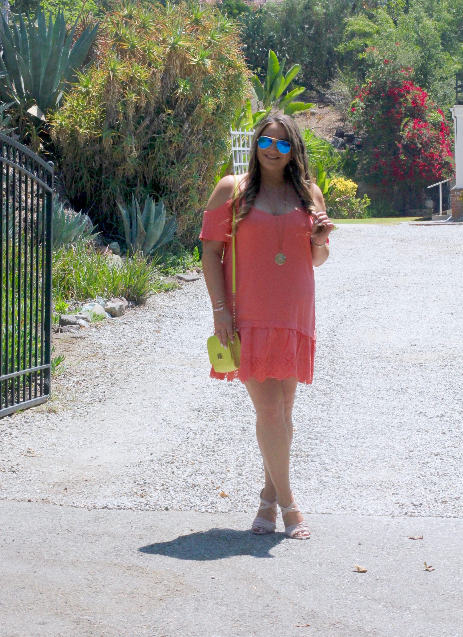 missyonmadison, melissa tierney, coral dress, coral off the shoulder dress, fashion blogger, la blogger, coral heels, coral block heels, gigi ny, yellow gigi ny bag, neon yellow gigi ny bag, ray bans, blue aviators, mirrored aviators, coral dress, hair goals, summer style, la style, how to wear color, pop of color, style blogger,