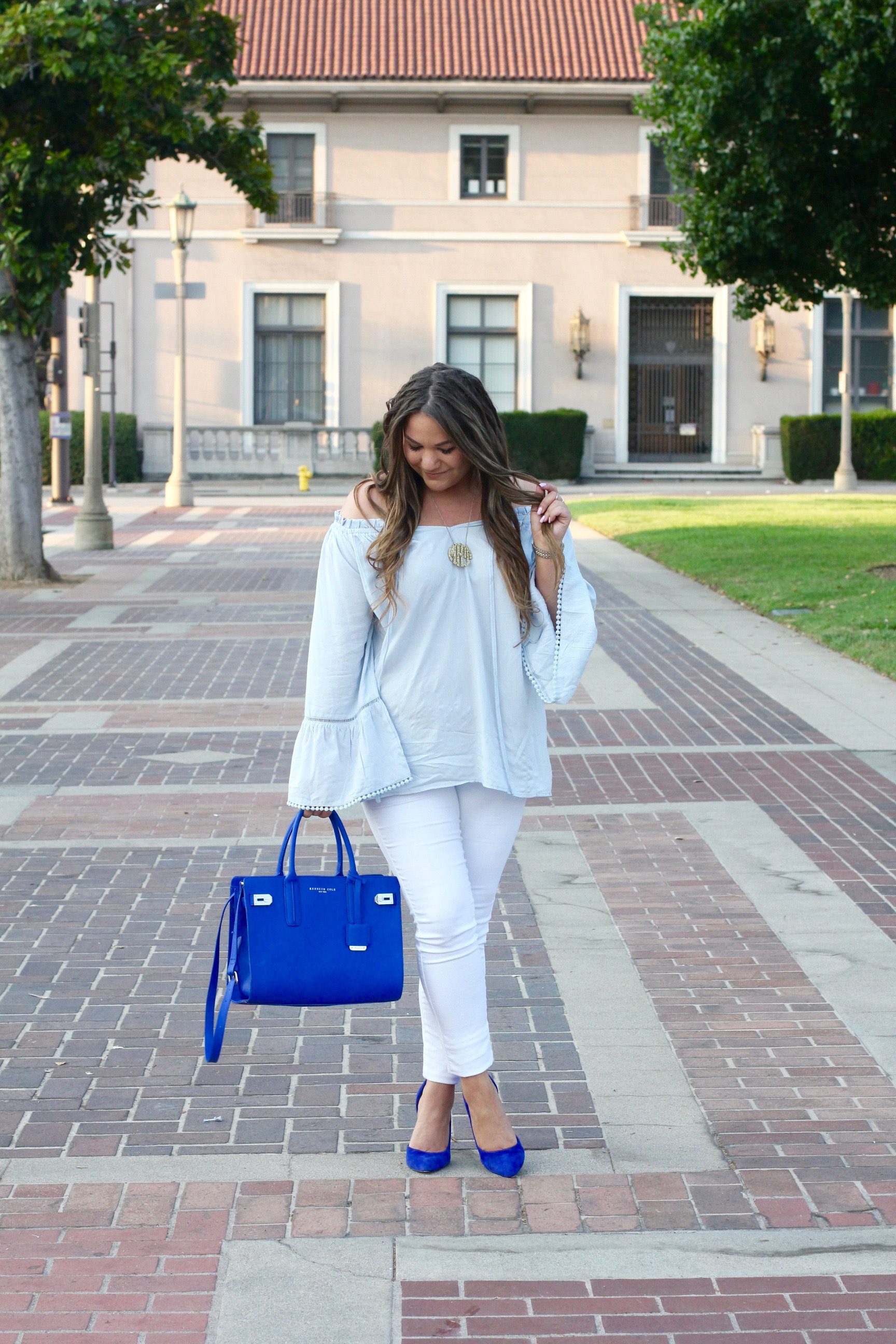 missyonmadison, baublebar monogram necklace, acrylic monogram necklace, white skinny jeans, old navy, old navy white skinny jeans, make me chic, make me chic off the shoulder bell top, cold shoulder top, off the shoulder blouse, la blogger, blogger, style blogger, la style, fall style, how to wear white jeans, how to style white after labor day, cobalt blue satchel, cobalt blue bag, blue suede shoes, blue pumps, cobalt blue pumps, cobalt blue suede pumps, hair goals, brunette hair, fashion blogger, fall trends, street style,