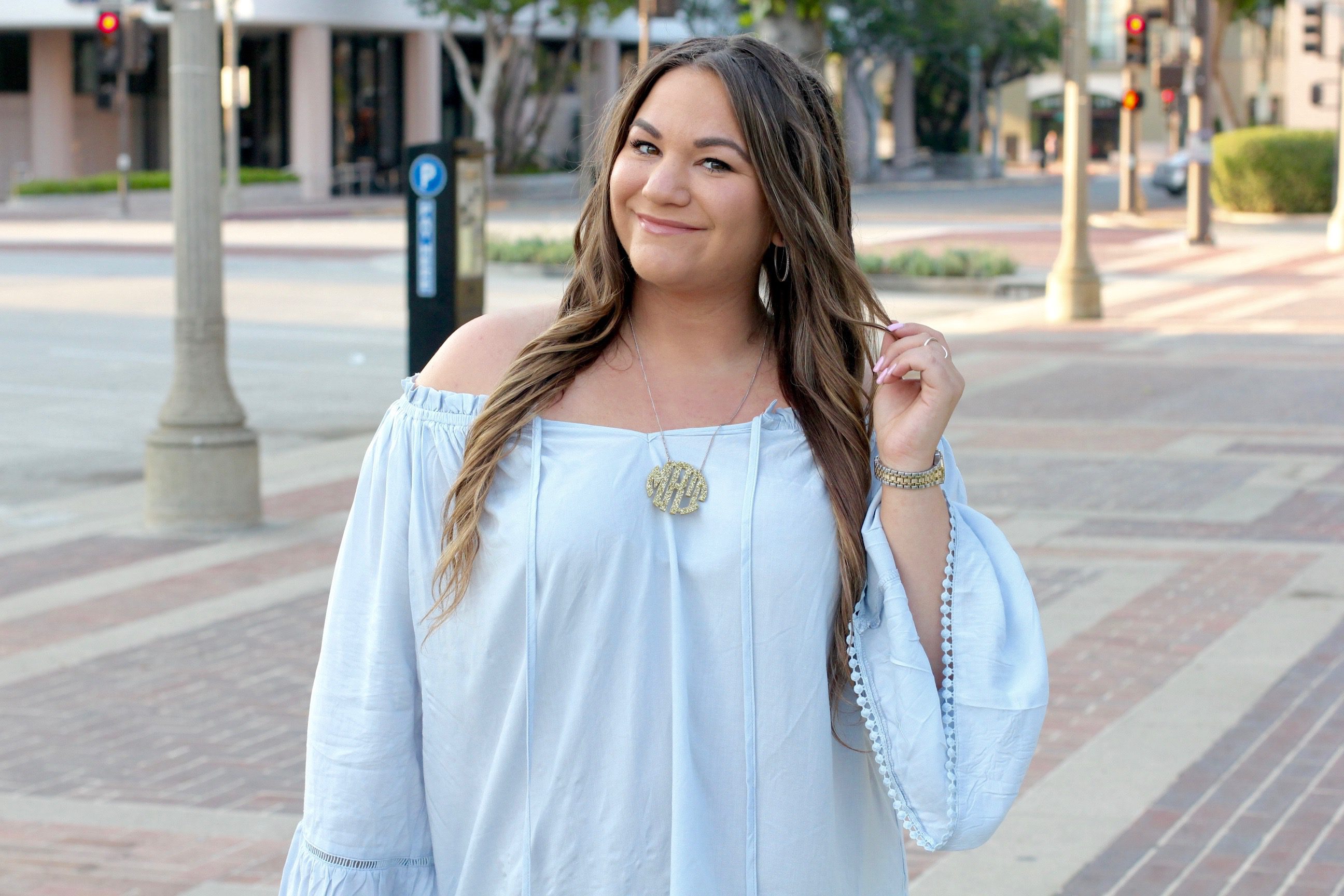 missyonmadison, baublebar monogram necklace, acrylic monogram necklace, white skinny jeans, old navy, old navy white skinny jeans, make me chic, make me chic off the shoulder bell top, cold shoulder top, off the shoulder blouse, la blogger, blogger, style blogger, la style, fall style, how to wear white jeans, how to style white after labor day, cobalt blue satchel, cobalt blue bag, blue suede shoes, blue pumps, cobalt blue pumps, cobalt blue suede pumps, hair goals, brunette hair, fashion blogger, fall trends, street style,