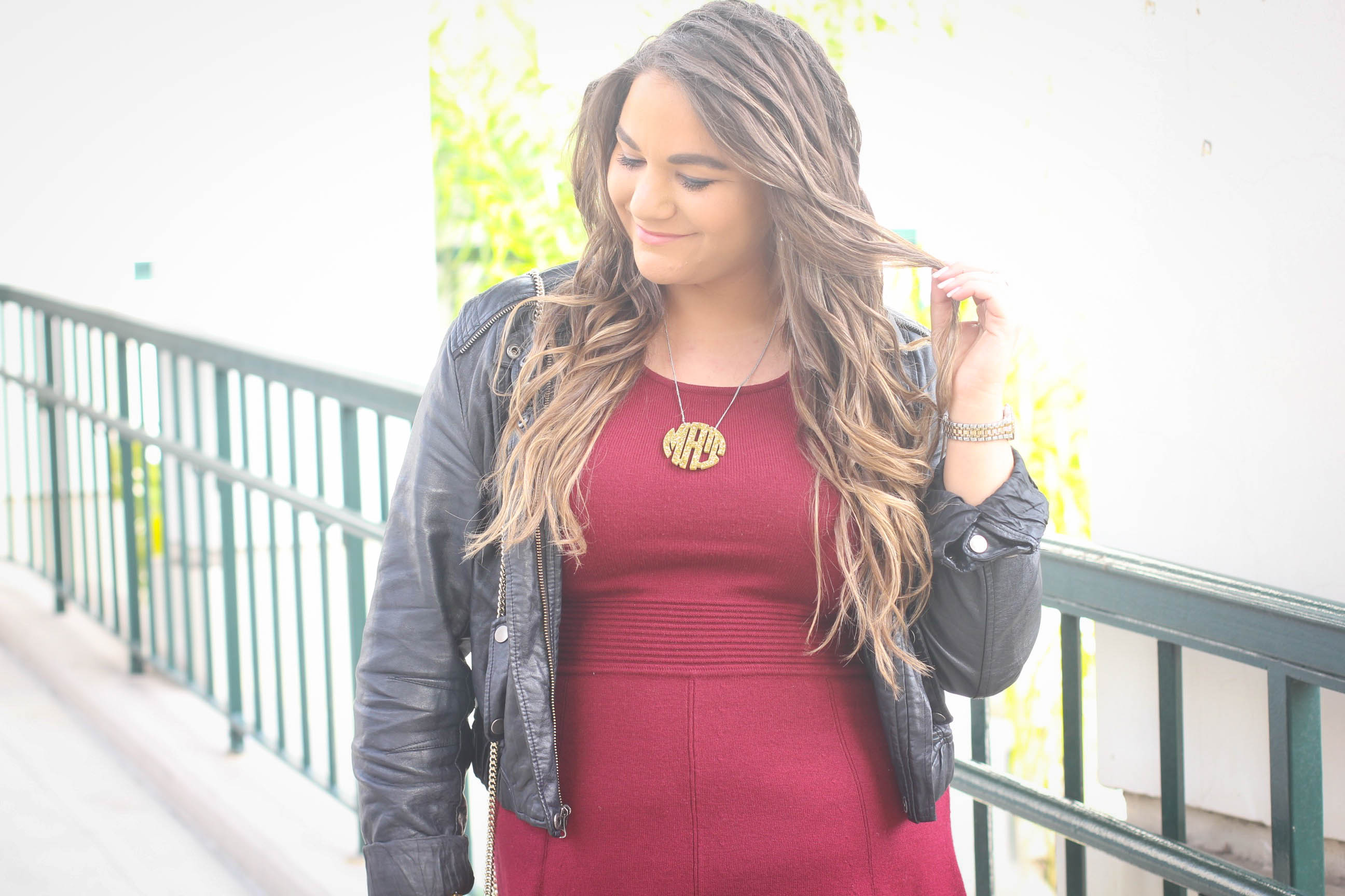 missyonmadison, sweater dress, how to style a sweater dress, how to style a moto jacket, moto jacket, maroon dress, maroon sweater dress, caged heels, nude gladiator heels, gold crossbody bag, gold bag, mezzanotte bag, nude heels, nude caged heels, holiday dress guide, what to wear for the holidays, christmas outfit ideas, melissa tierney, sweater dress,