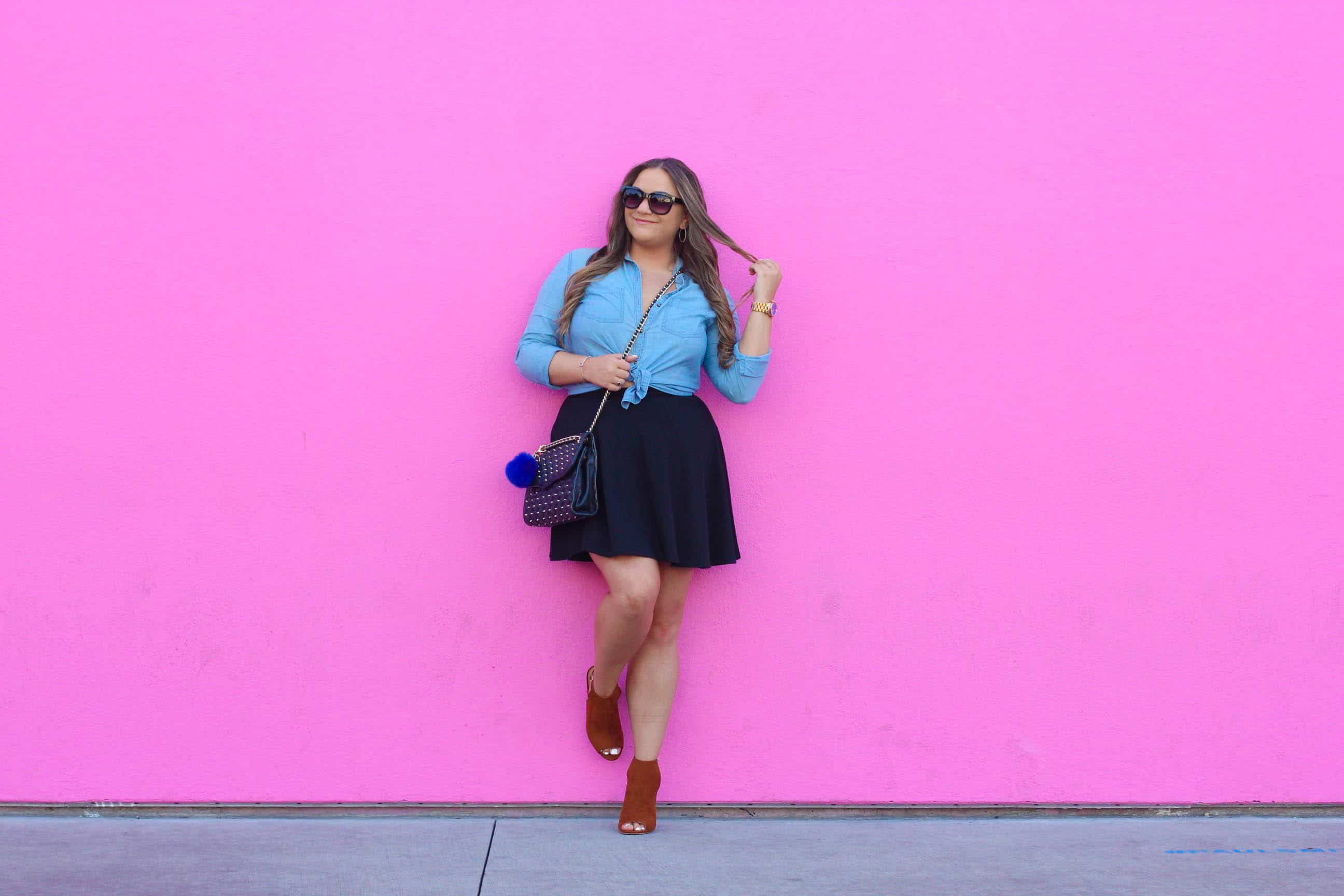 missyonmadison, melissa tierney, missyonmadison instagram, fashion blog, fashion blogger, bloglovin, style goals, style watch, forever 21, black mini skirt, black skater skirt, chesnut booties, tan booties, peep toe booties, rebecca minkoff, quilted bag, rebecca minkoff affair bag, rebecca minkoff quilted bag, wayfarer sunglasses, raybans, womens raybans, womens wayfarer sunglasses, that pink wall, pink wall la, pink wall, wall charades, wall crawl, blue pom pom, blue pom pom keychain, wall crawl la, la wall crawl, best murals in la, paul smith pink wall, la blogger, la style, chambray button down, old navy, chambray button down shirt,