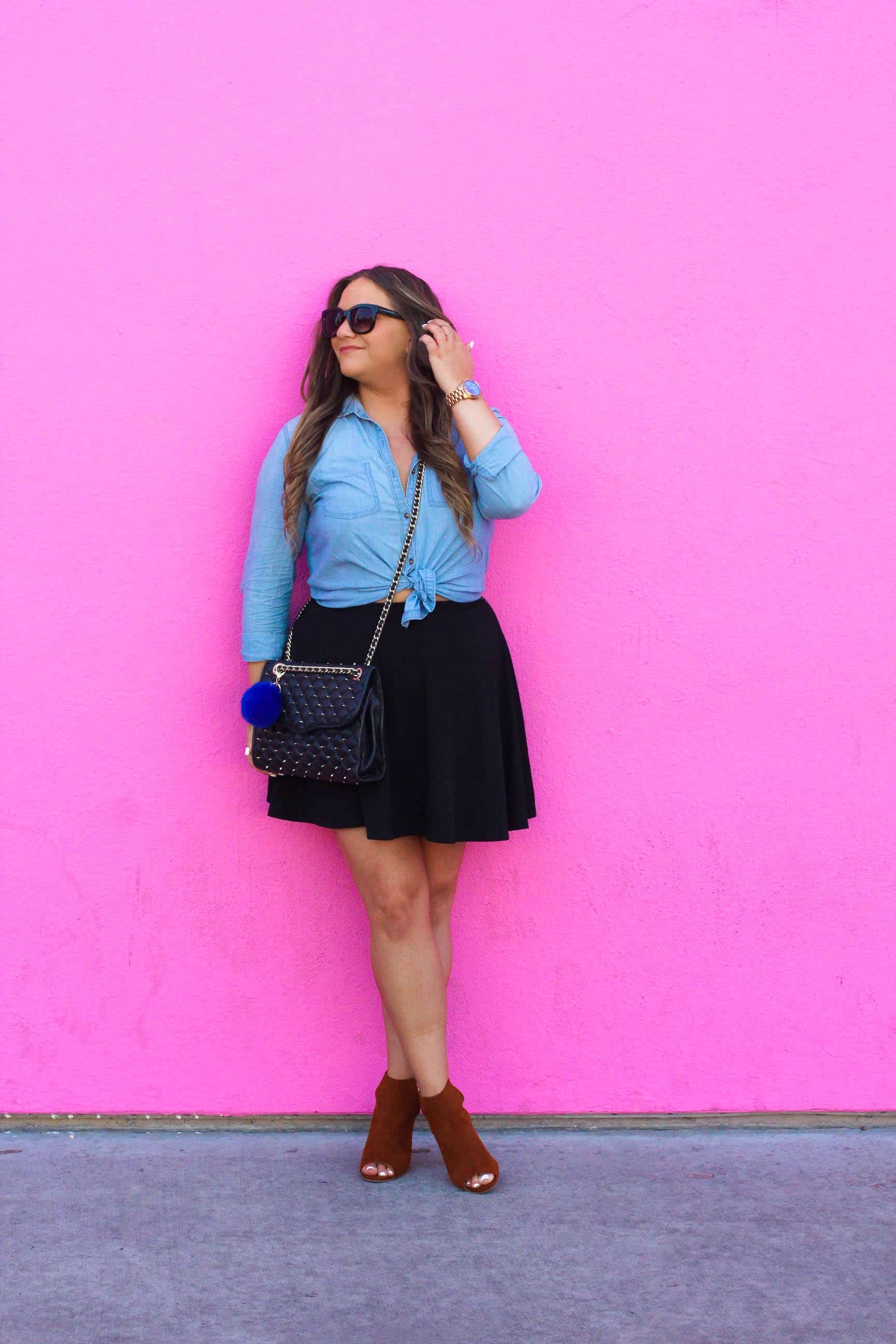 missyonmadison, melissa tierney, missyonmadison instagram, fashion blog, fashion blogger, bloglovin, style goals, style watch, forever 21, black mini skirt, black skater skirt, chesnut booties, tan booties, peep toe booties, rebecca minkoff, quilted bag, rebecca minkoff affair bag, rebecca minkoff quilted bag, wayfarer sunglasses, raybans, womens raybans, womens wayfarer sunglasses, that pink wall, pink wall la, pink wall, wall charades, wall crawl, blue pom pom, blue pom pom keychain, wall crawl la, la wall crawl, best murals in la, paul smith pink wall, la blogger, la style, chambray button down, old navy, chambray button down shirt,