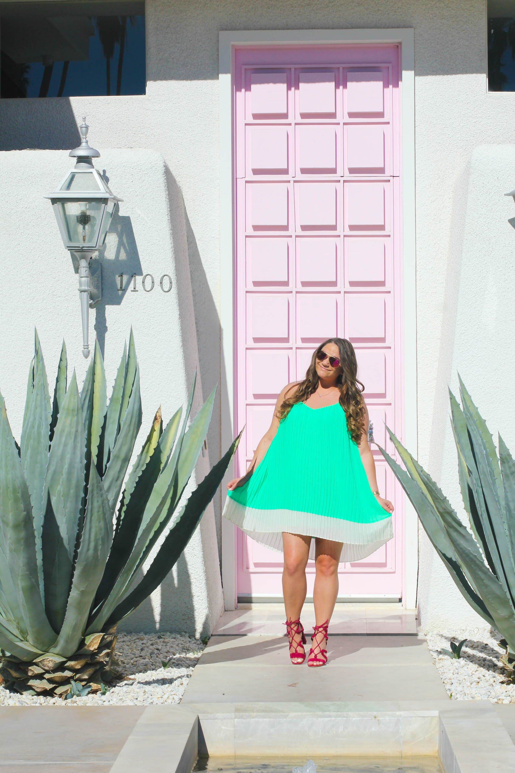 gianvito rossi lace up sandals, gianvito rossi, barneys ny, barneys warehouse sale, barneys sale, pink aviators, green dress, palm springs, palm springs pink door, pink door, instagram doors, wall charades, instagram doors, i have a thing with doors, missyonmadison, melissa tierney, missyonmadison instagram, la blogger, blogger style, turning 25, 25 things, happy birthday, birthday, birthday style, fashion blogger, mint green dress, green pleated dress, fuschia heels,