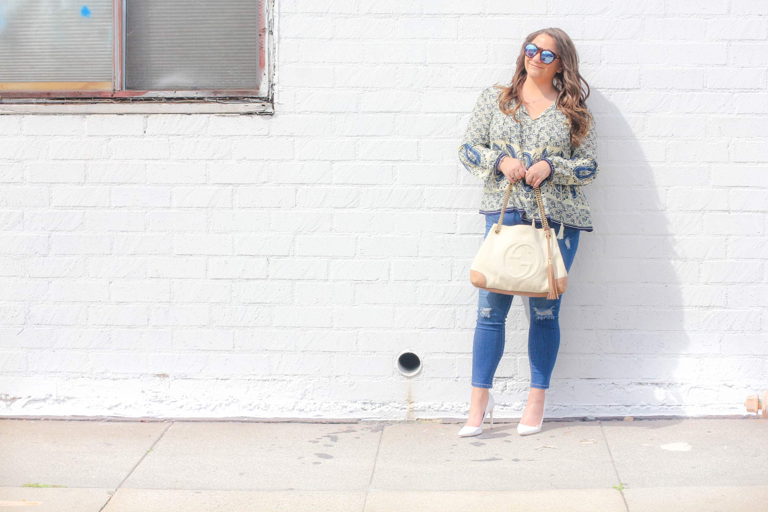missyonmadison, melissa tierney, missyonmadison instagram, melissa tierney instagram, wild blue denim, white pumps, white pointed toe pumps, gucci, gucci soho tote, white gucci soho tote, bloglovin, fashion blogger,style blogger, spring style, spring trends 2017, spring style 2017, jeggings, wild blue jeggings, ripped jeans, reipped jeggings, fashion trends, le specs sunglasses, le specs, wild blue denim boho top, paisley print top, boho top, how to style skinny jeans, how to style white pumps, how to style distressed jeans, la blogger, affordable fashion,