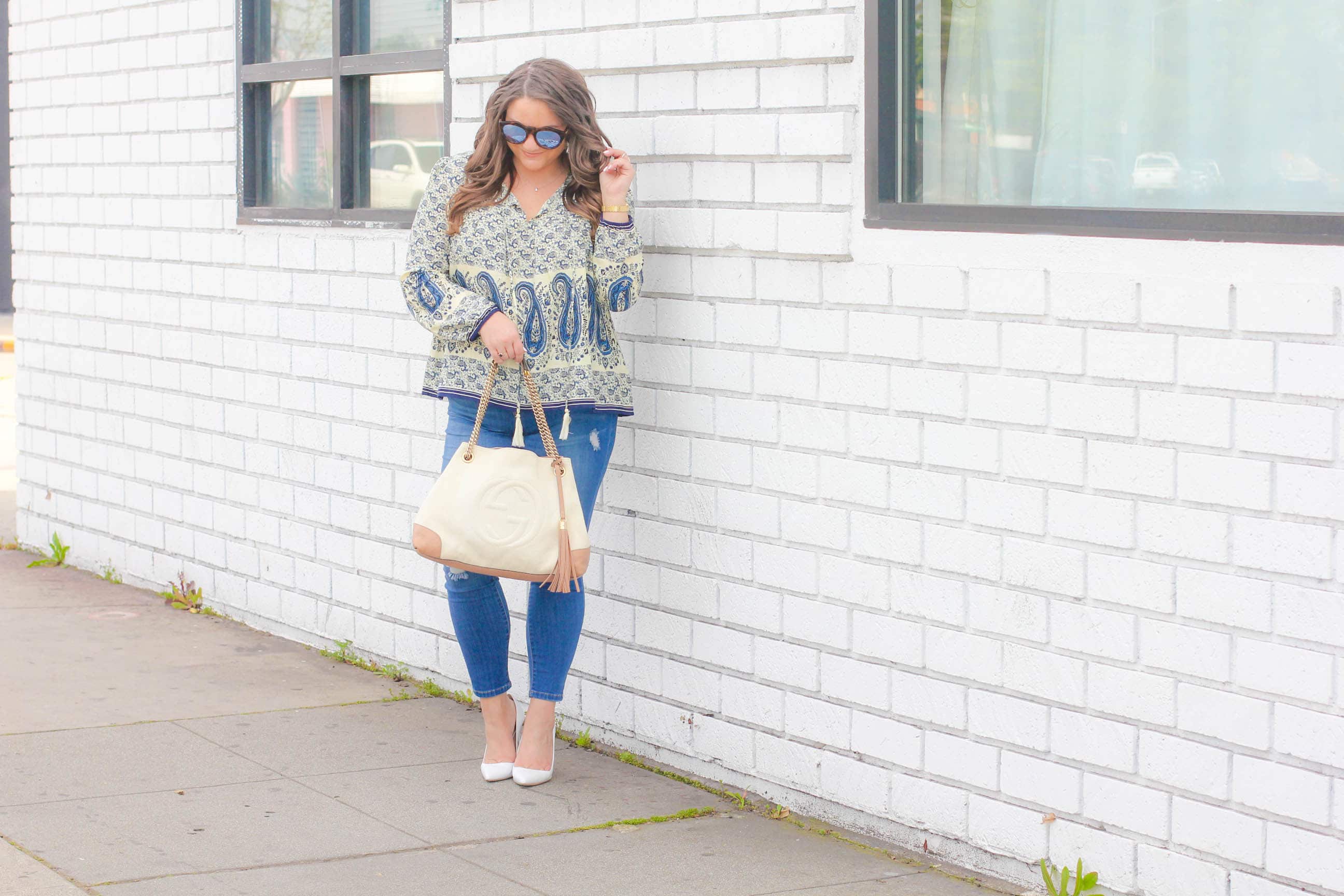 missyonmadison, melissa tierney, missyonmadison instagram, melissa tierney instagram, wild blue denim, white pumps, white pointed toe pumps, gucci, gucci soho tote, white gucci soho tote, bloglovin, fashion blogger,style blogger, spring style, spring trends 2017, spring style 2017, jeggings, wild blue jeggings, ripped jeans, reipped jeggings, fashion trends, le specs sunglasses, le specs, wild blue denim boho top, paisley print top, boho top, how to style skinny jeans, how to style white pumps, how to style distressed jeans, la blogger, affordable fashion,