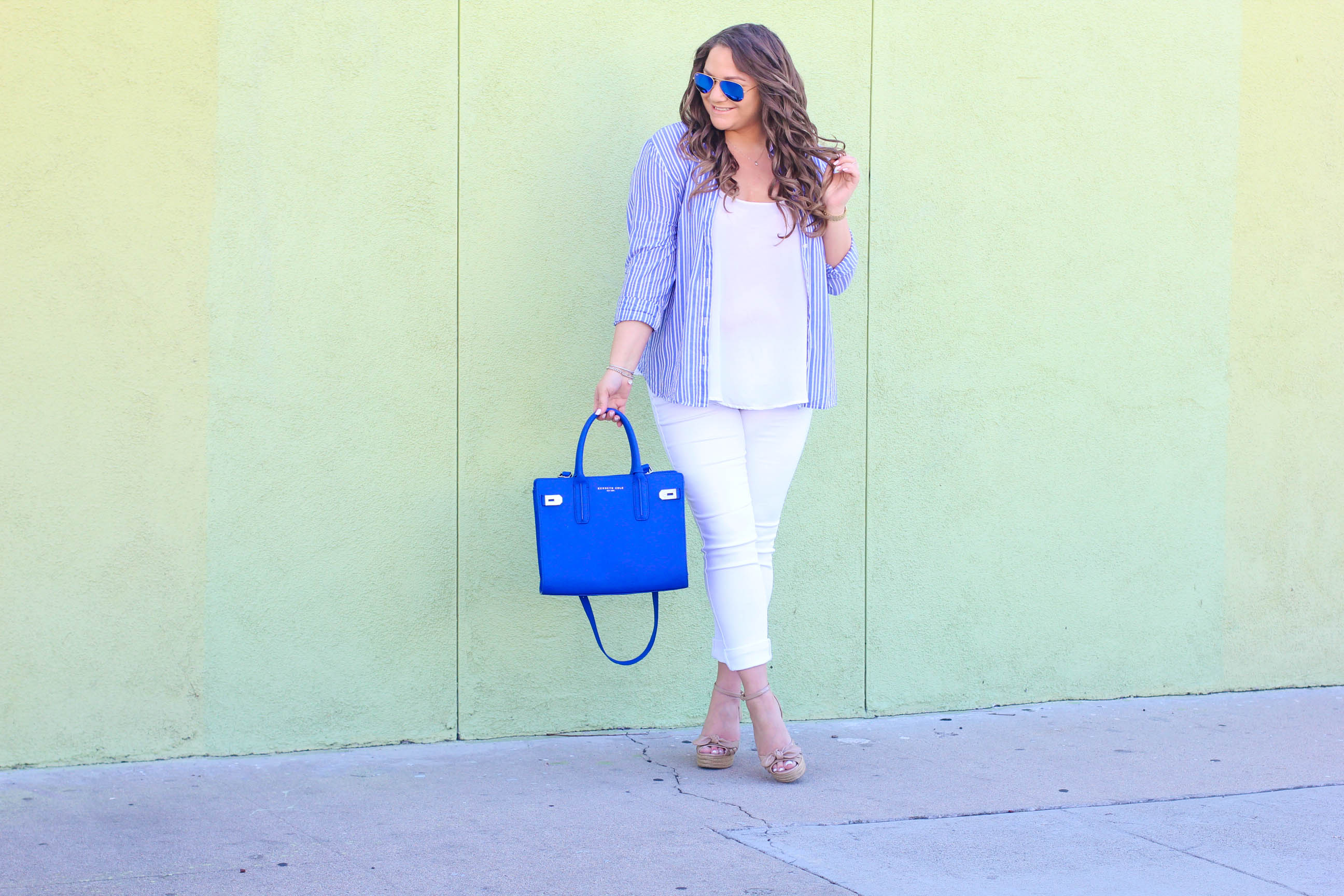 missyonmadison, melissa tierney, old navy, fashion blogger, spring style, spring trends, old navy style, fashion blogger, la blogger, neo nauticaul, nautical, white skinny jeans, white jeans, cobalt blue satchel, pin stripe shirt, striped button down, style blogger, espadrille wedges, style goals, old navy rockstar jeans, 