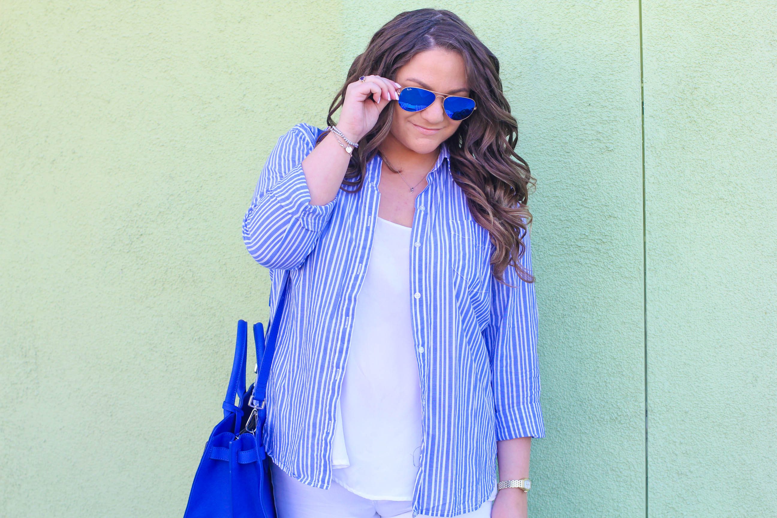 missyonmadison, melissa tierney, old navy, fashion blogger, spring style, spring trends, old navy style, fashion blogger, la blogger, neo nauticaul, nautical, white skinny jeans, white jeans, cobalt blue satchel, pin stripe shirt, striped button down, style blogger, espadrille wedges, style goals, old navy rockstar jeans,