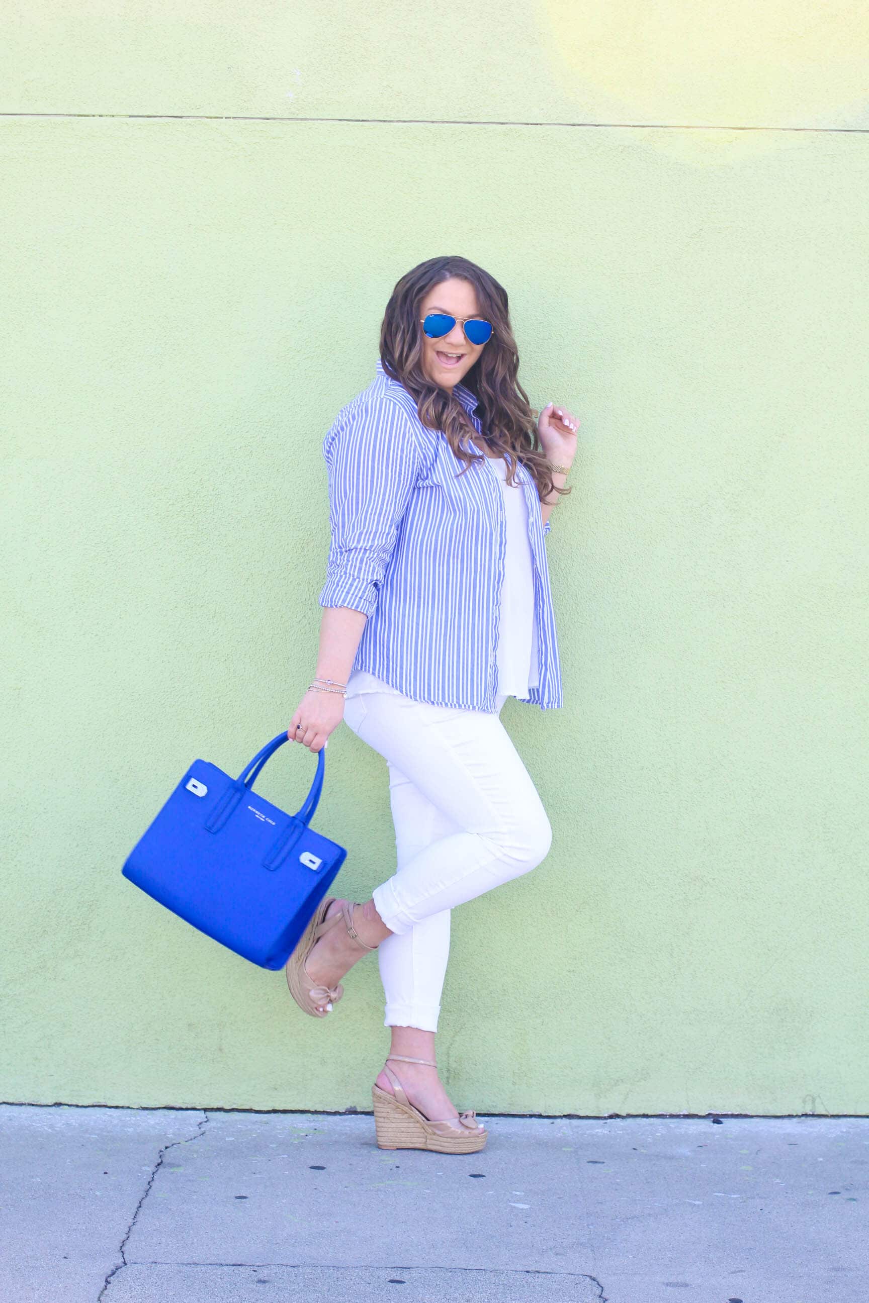 missyonmadison, melissa tierney, old navy, fashion blogger, spring style, spring trends, old navy style, fashion blogger, la blogger, neo nauticaul, nautical, white skinny jeans, white jeans, cobalt blue satchel, pin stripe shirt, striped button down, style blogger, espadrille wedges, style goals, old navy rockstar jeans,