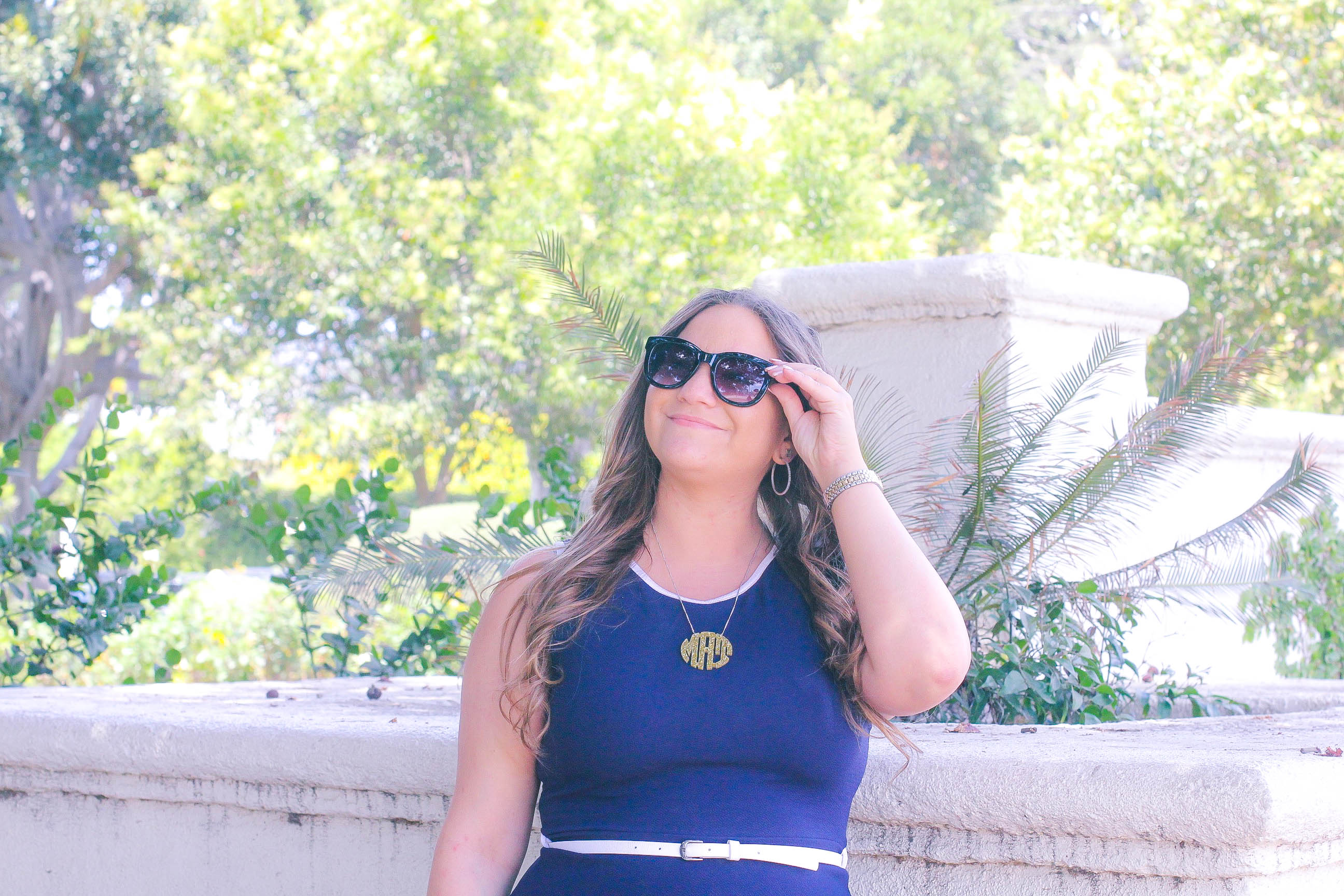 missyonmadison, missy on madison instagram, melissa tierney, la blogger, fashion blogger, style blogger, beverly hills, beverly hills style, navy aline dress, navy blue a line dress, navy blue and white a line dress, nautical dress, lacoste tote bag, lacoste satchel, navy lacoste bag, monogram necklace, black wayfarer sunglasses, white pointed toe pumps, white pumps, spring style, what to wear for an interview, spring style for work, office style, blue a line dress, white skinny belt,