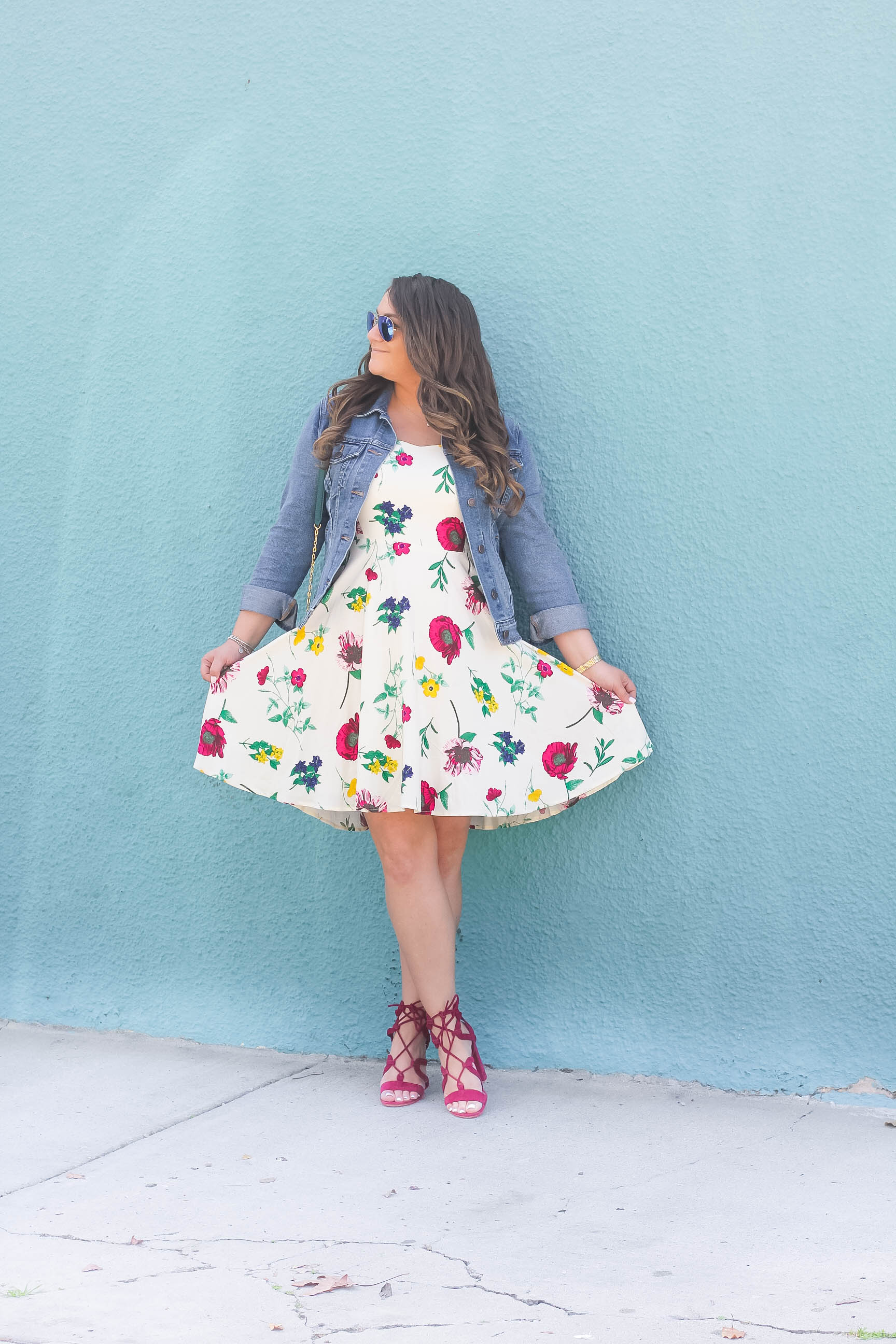missyonmadison, missyonmadison instagram, melissa tierney, la blogger, style blogger, fashion blogger, fashion goals, outfit inspo, summer style, summer trends, floral dress, floral fit and flare dress, old navy, old navy cami dress, old navy floral dress, old navy denim jacket, denim jacket, raybans, rayban aviators, gianvito rossi, gianvito rossi lace up sandals, lace up sandals, vera bradley, vera bradley cross body bag, vera bradley emerald cross bodybag, curled hair, hair extensions, beauty blogger, outfits under $50,
