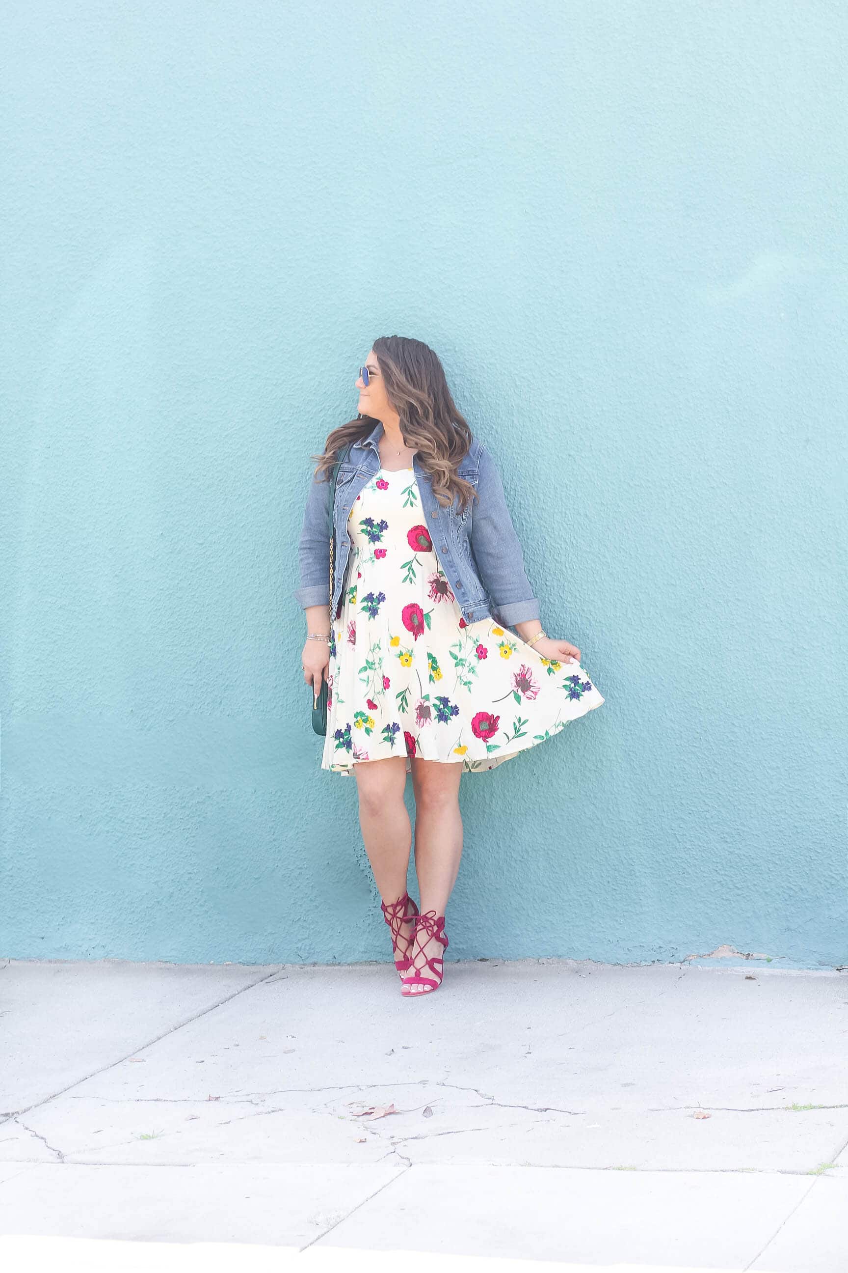missyonmadison, missyonmadison instagram, melissa tierney, la blogger, style blogger, fashion blogger, fashion goals, outfit inspo, summer style, summer trends, floral dress, floral fit and flare dress, old navy, old navy cami dress, old navy floral dress, old navy denim jacket, denim jacket, raybans, rayban aviators, gianvito rossi, gianvito rossi lace up sandals, lace up sandals, vera bradley, vera bradley cross body bag, vera bradley emerald cross bodybag, curled hair, hair extensions, beauty blogger, outfits under $50,
