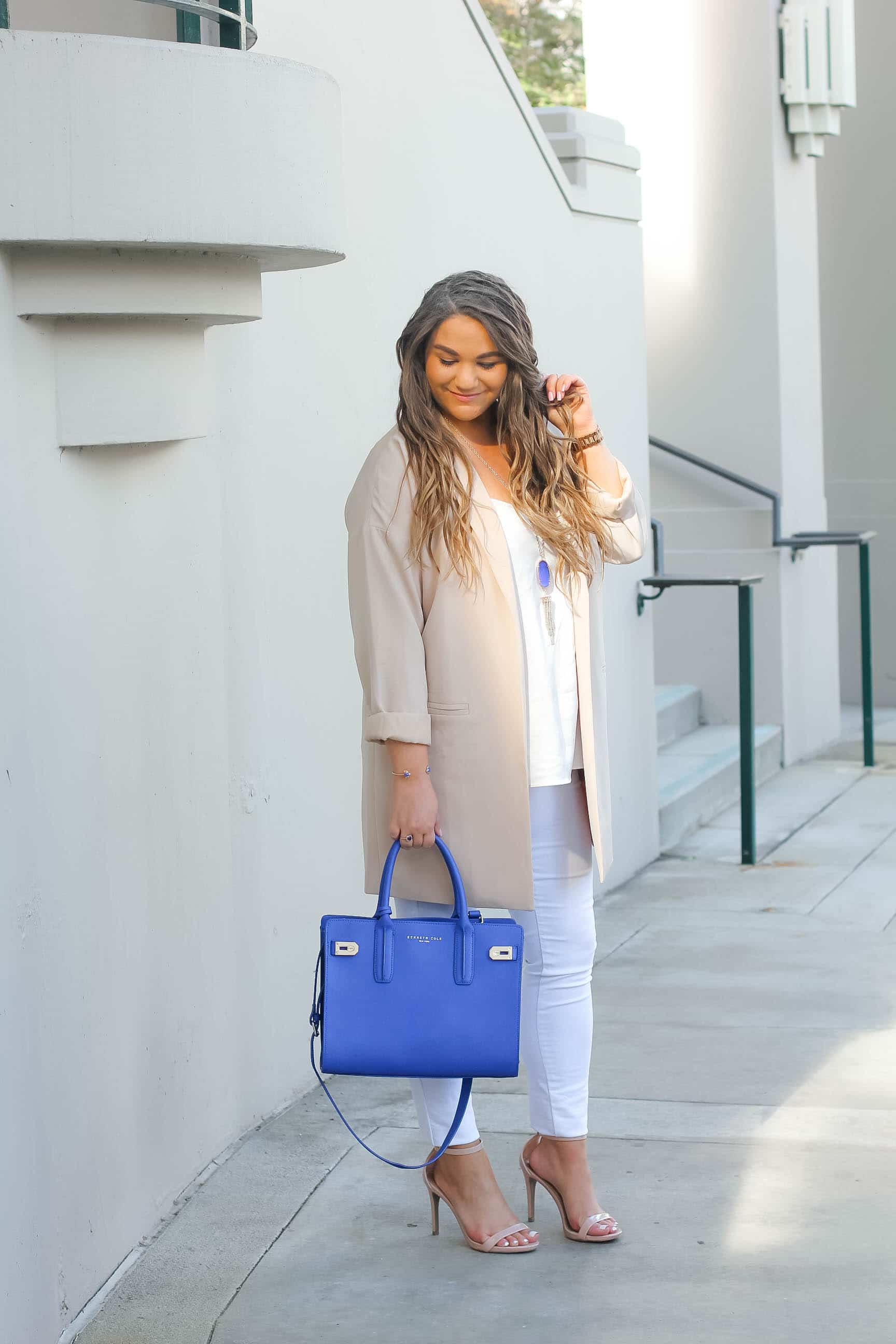 missyonmadison, fashion blogger, missyonmadison instagram, outfit inspo, la blogger, cobalt blue satchel, style blogger, summer style, nude ankle strap heels, old navy, white skinny jeans, old navy white rockstar jeans, beverly hills city hall, nude duster blazer, duster blazer, nude blazer, white chiffon camisole, topshop camisole, raybans, pop of color,