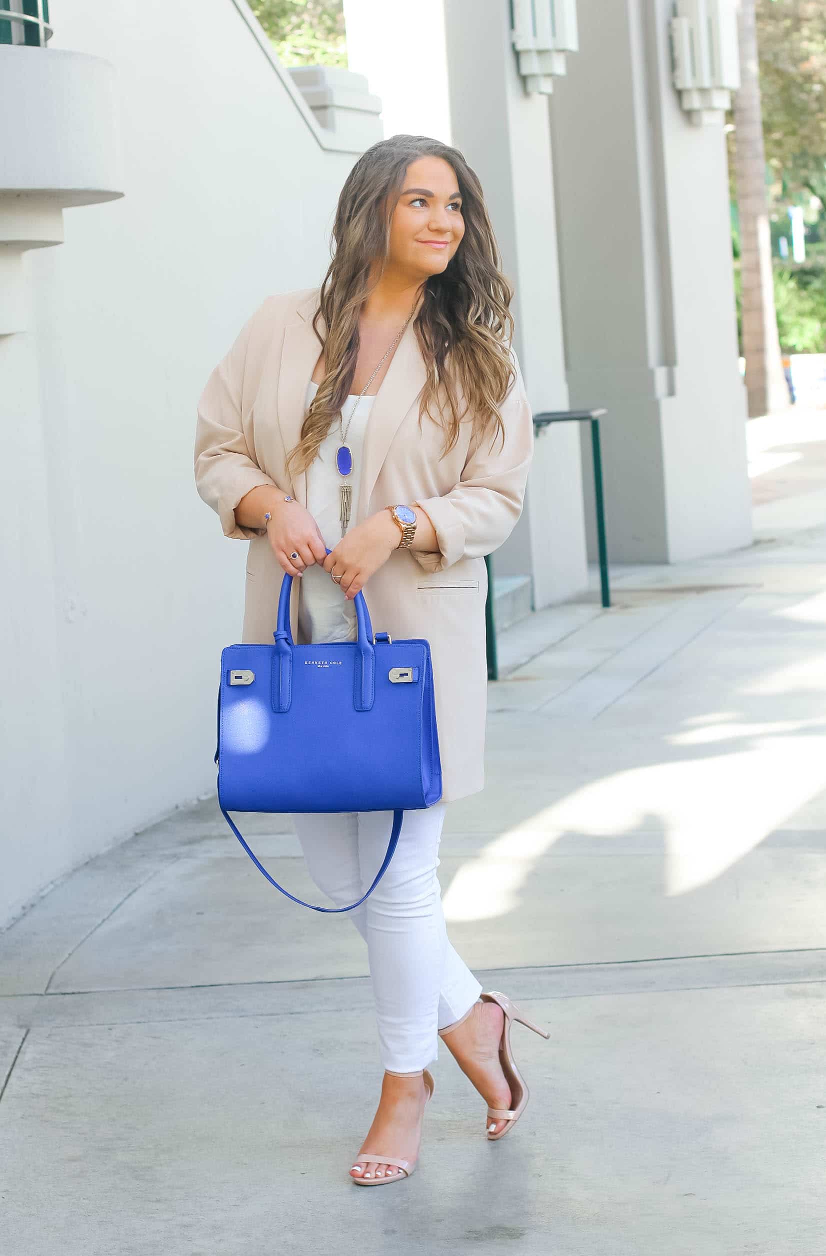 missyonmadison, fashion blogger, missyonmadison instagram, outfit inspo, la blogger, cobalt blue satchel, style blogger, summer style, nude ankle strap heels, old navy, white skinny jeans, old navy white rockstar jeans, beverly hills city hall, nude duster blazer, duster blazer, nude blazer, white chiffon camisole, topshop camisole, raybans, pop of color,