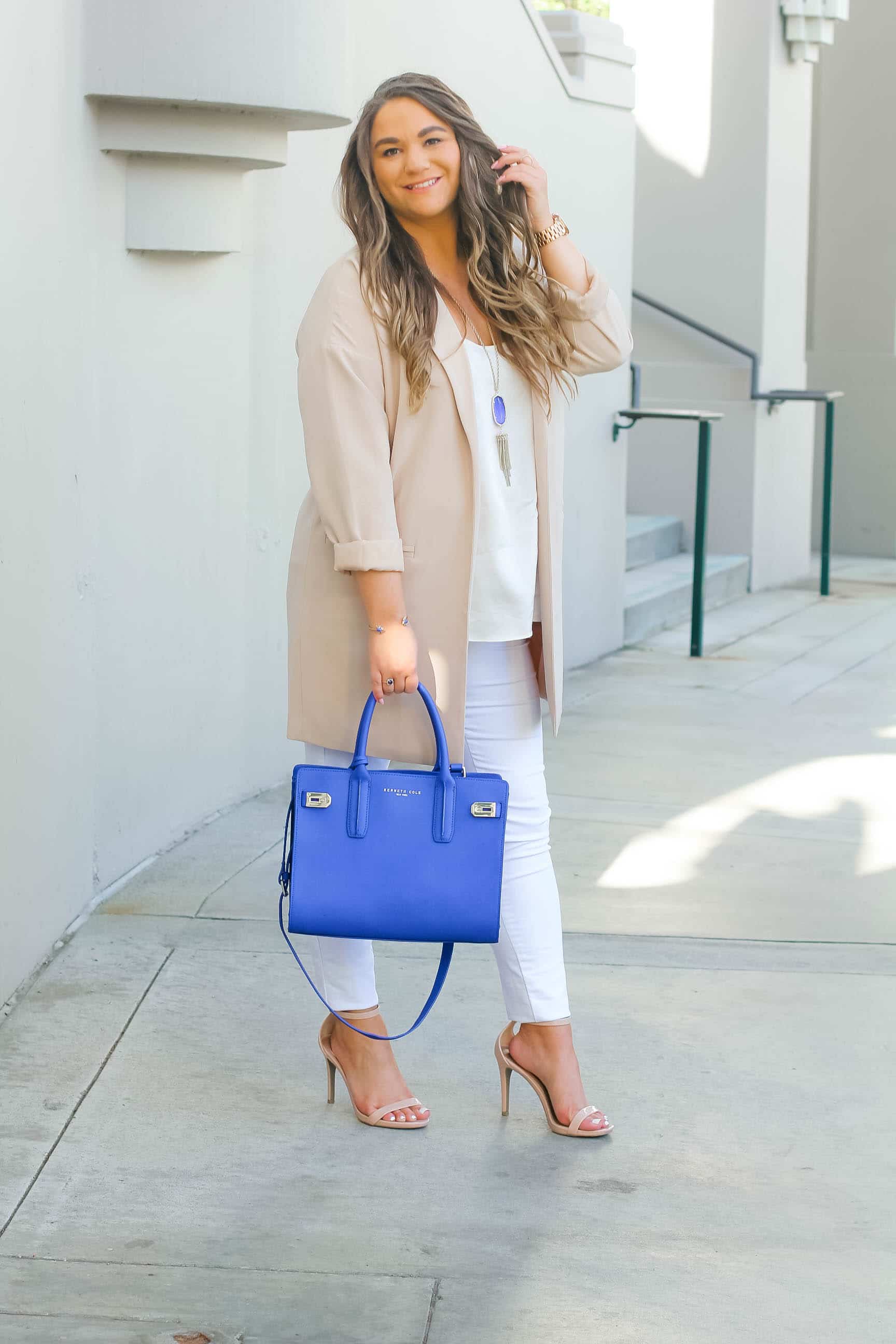 missyonmadison, fashion blogger, missyonmadison instagram, outfit inspo, la blogger, cobalt blue satchel, style blogger, summer style, nude ankle strap heels, old navy, white skinny jeans, old navy white rockstar jeans, beverly hills city hall, nude duster blazer, duster blazer, nude blazer, white chiffon camisole, topshop camisole, raybans, pop of color, 