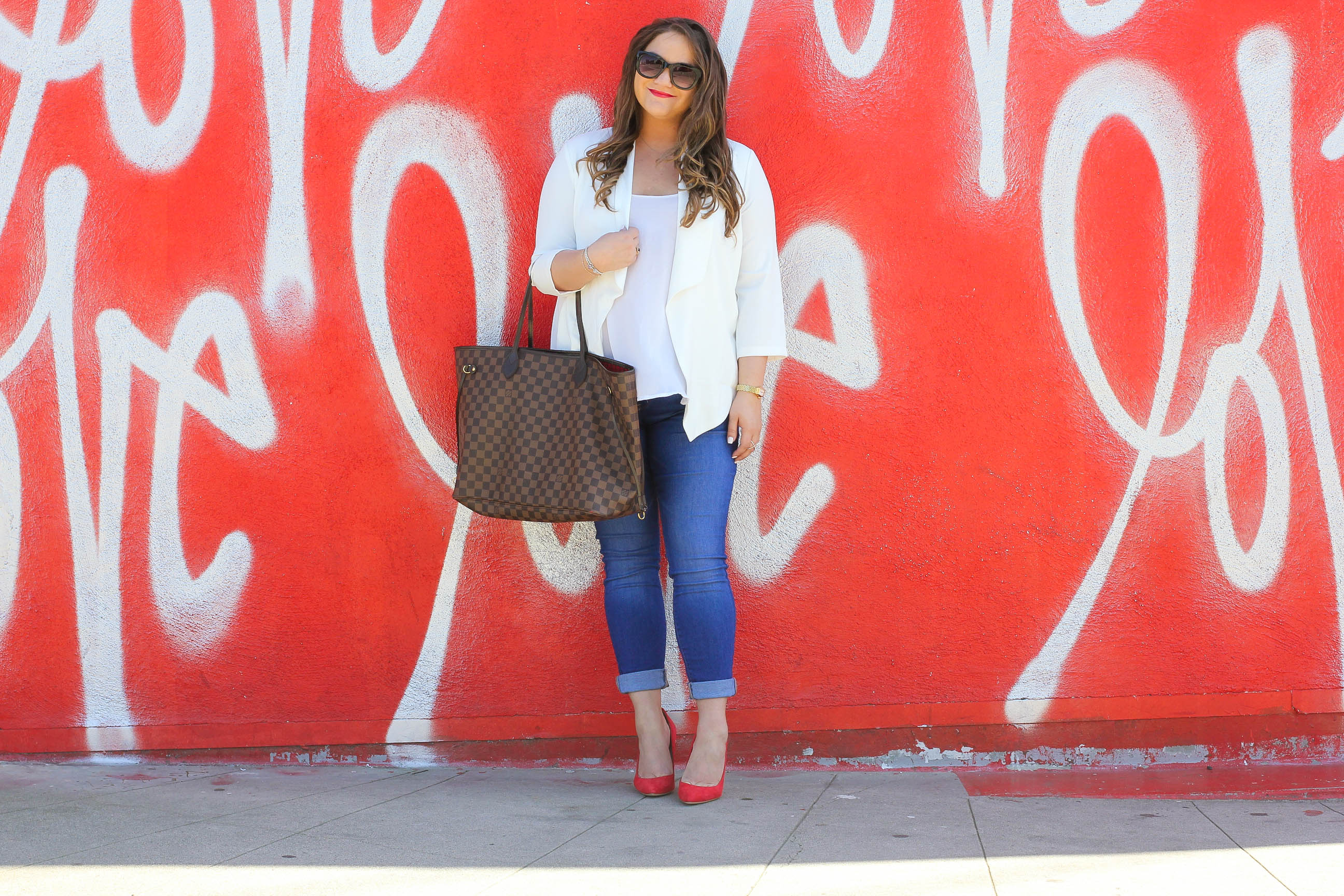 missyonmadison, missyonmadison blog, missyonmadison instagram, fashion blog, fashion blogger, melissa tierney, style blog, style blogger, style diaries, outfit inspo, ootd, bloglovin, outfit ideas, white boyfriend blazer, white chiffon camisole, old navy rockstar jeans, old navy skinny jeans, rockstar skinny jeans, red pumps, calvin klein red pumps, louis vuitton neverful tote, louis vuitton neverful, le specs sunglasses, black sunglasses, le specs black sunglasses, la style, la blogger, love wall, culver city love wall, culver city street art,